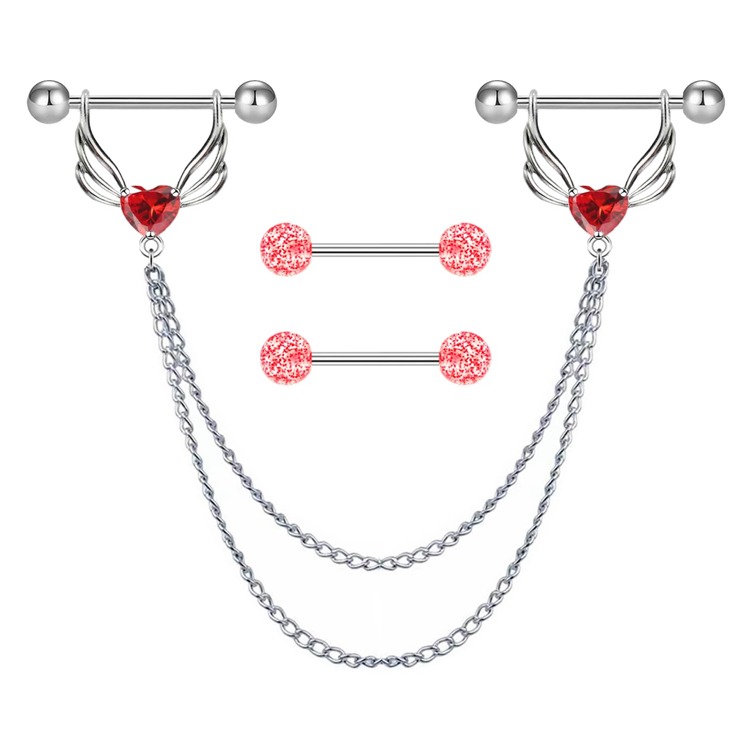 VERAMI 14G 316L Double Chain Connecting Heart CZ Nipple Rings Stainless Steel Skull Angel Piercing Barbell Body Pierced Jewelry for Women