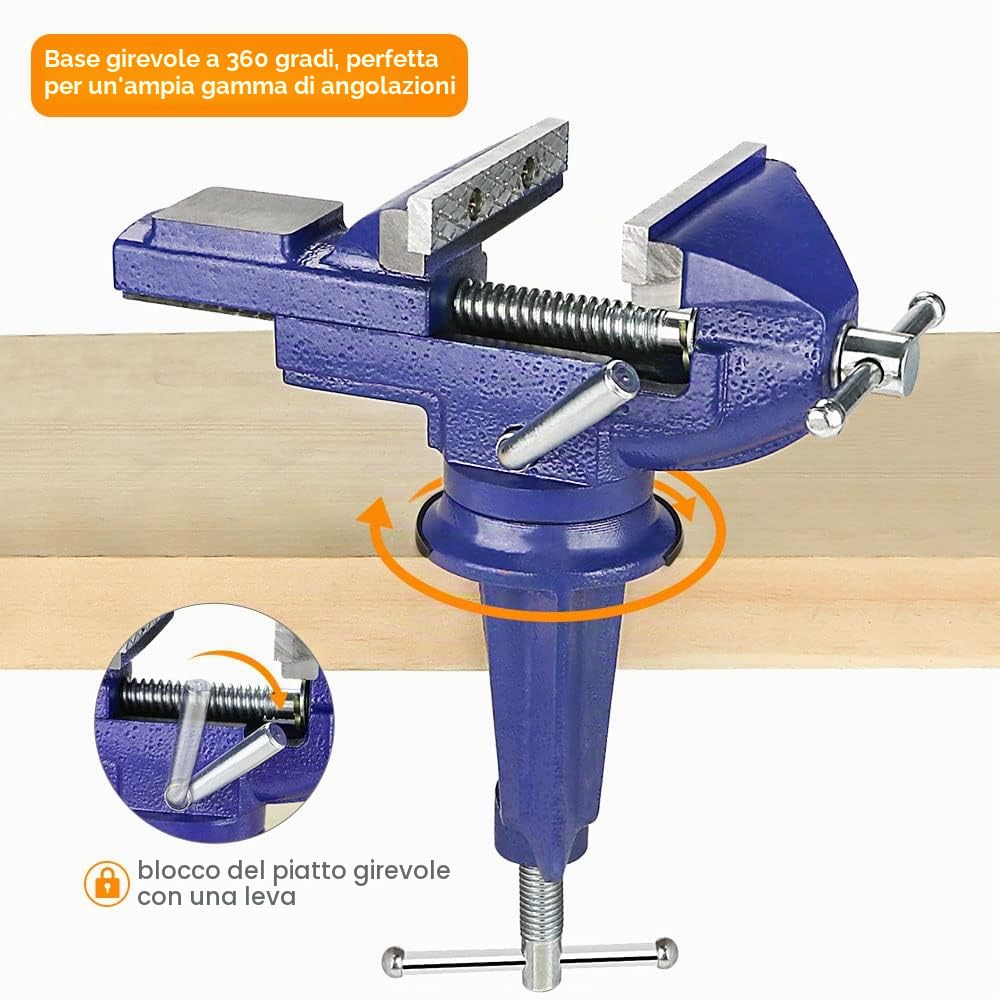 Morsa da Banco in Acciaio Fuso Con Incudine - Larghezza Ganasce 80 mm, Girevole 360° per Falegnameria, Foratura, Taglio
