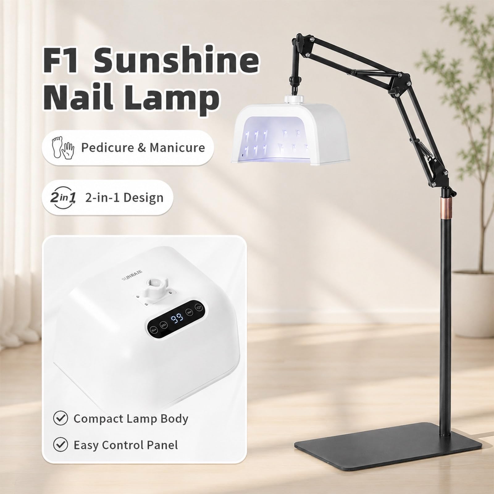 Lampa UV do Stóp ze Stojakiem, Suszarka do Paznokci Żelowych do Pedicure | Lampa do Pedicure 48 W z Akumulatorem, 33 Diody LED, Czujnik IR, 4 Timery i Odłączany Stojak Podłogowy