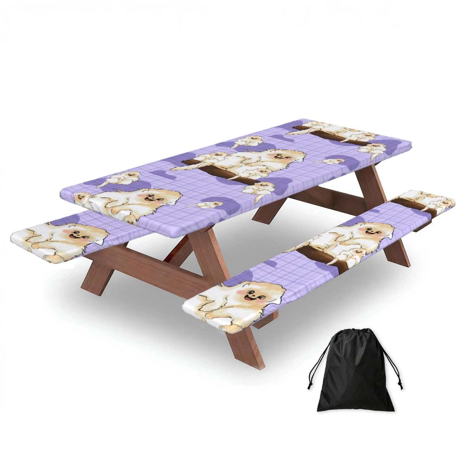 Erwqavc Black Cute Golden Monkey Print Picnic Table Cover & Bench Covers 3-Pack Set, Elastic Tablecloths For 6 Ft Rectangle Tables