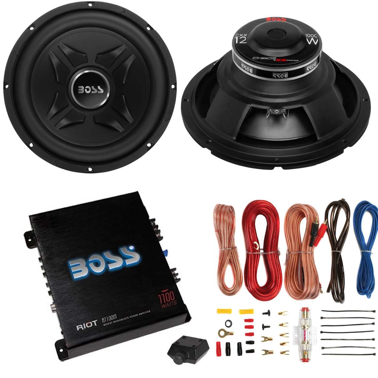 2 Boss CXX12 12-Inch 2000W Car Audio Power Subwoofer Sub and R1100M Monoblock Class A/B Riot Car Audio Amplifier and AKS8 Amplifier Installation Kit 1