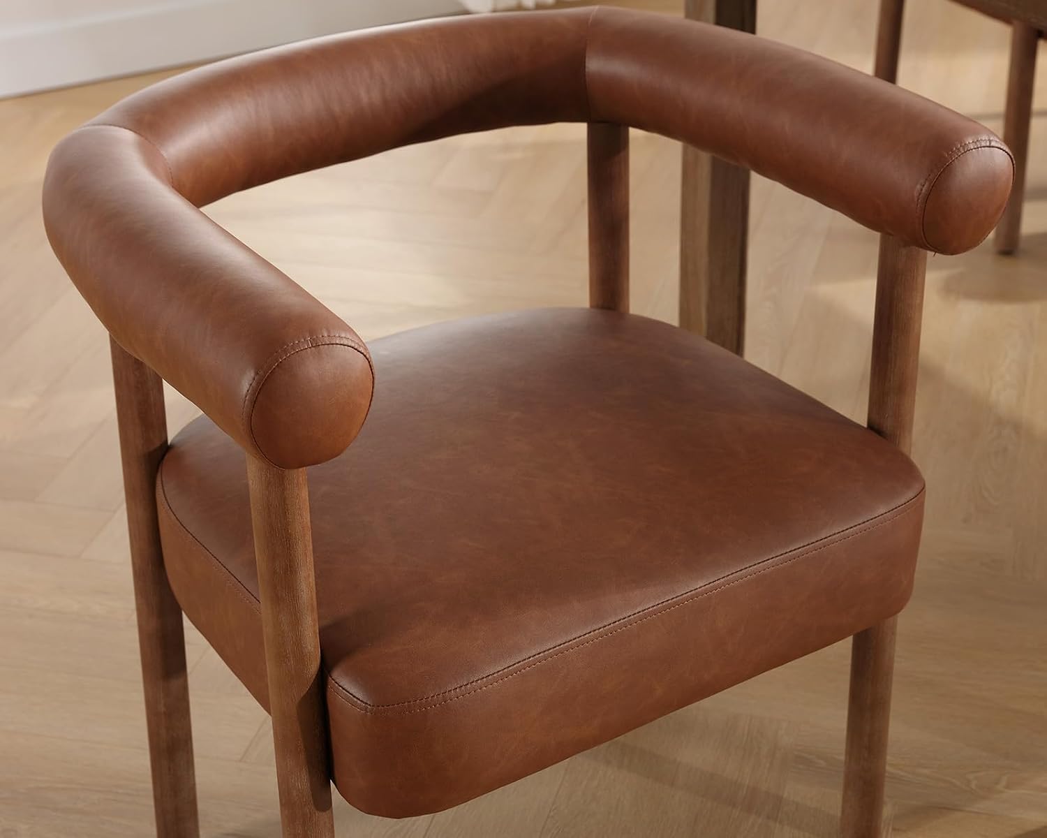 Mid Century Modern Barrel Dining Chairs Set of 2, Upholstered Kitchen & Dining Room Chairs with Arms, 21.75" Wide PU Leather Accent Chairs Side Chairs for Kitchen Living Room Bedroom, Brown