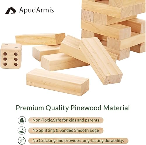 Miniatura 2 de ApudArmis Torre de caída de 60 piezas, (apila hasta 5 pies), juego de madera de pino apilable con 1 juego de dados – Juego clásico de bloques al