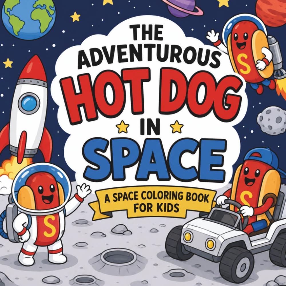 The Adventurous Hot Dog in Space: A Space Coloring Book for Kids Featuring Rockets, Alien Friends, Moon Exploration, Space Stations, and Galactic Adventures