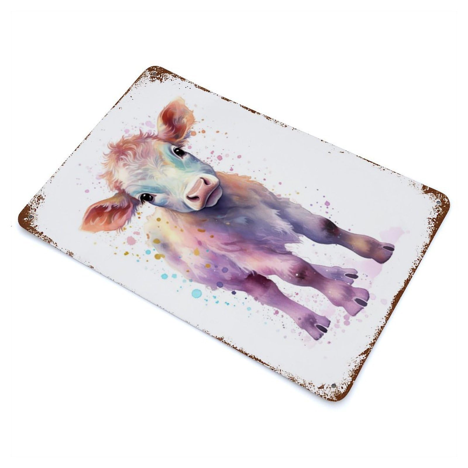 Watercolor Baby Cow Calf 11.8"x7.9" Aged Metal Wall Plaque, Retro Wall Decor for Farmhouse, Kitchen And Entryway Decor