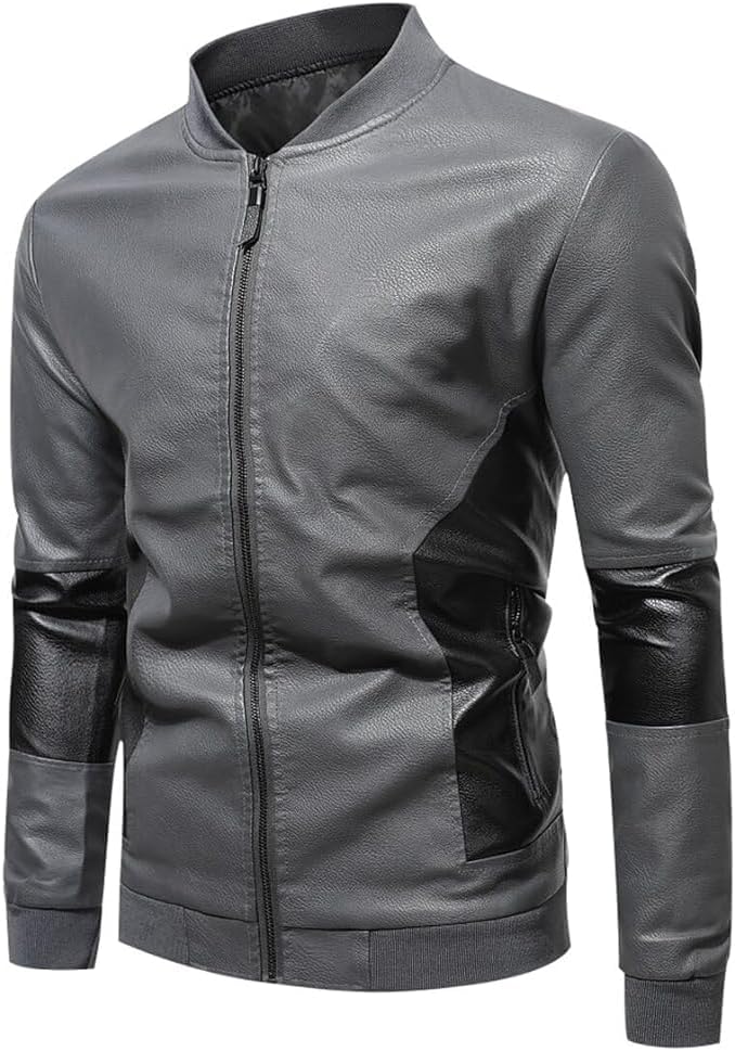 Men's New Grey Faux Leather Jacket Brown Moto Motorcycle Bomber Punk Fashion Slim Fit Coat