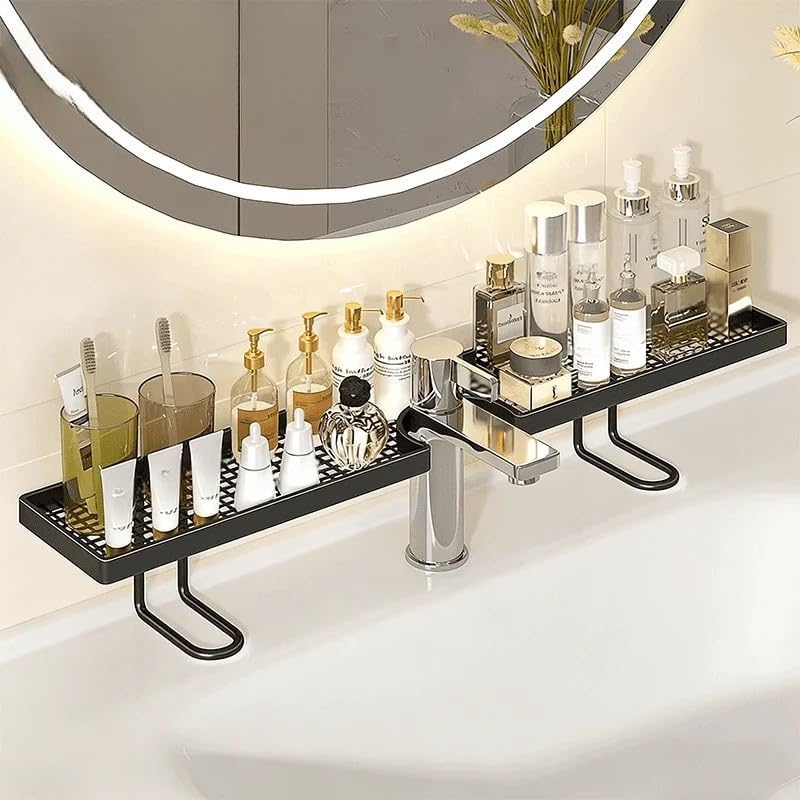 WEERSHUN No-Drill Sink Organizer Rack – Freestanding Carbon Steel Faucet Storage Shelf, Over Sink Shelf, Tool-Free Organizer, Space-Saving Bathroom Countertop Organizer, Easy Drainage (Black)