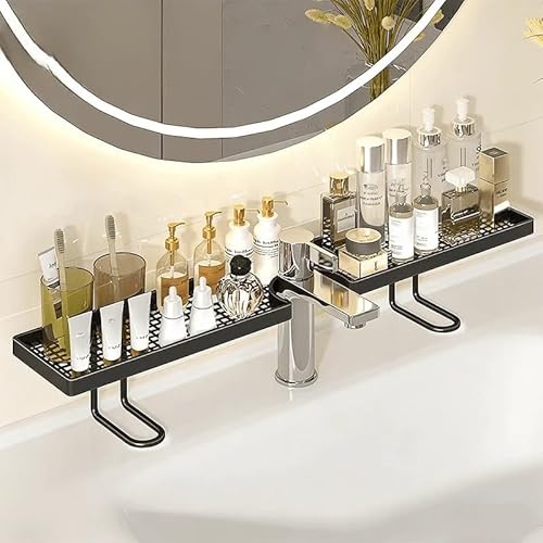 WEERSHUN No-Drill Sink Organizer Rack – Freestanding Carbon Steel Faucet Storage Shelf, Over Sink Shelf, Tool-Free Organizer, Space-Saving Bathroom Countertop Organizer, Easy Drainage (Black)