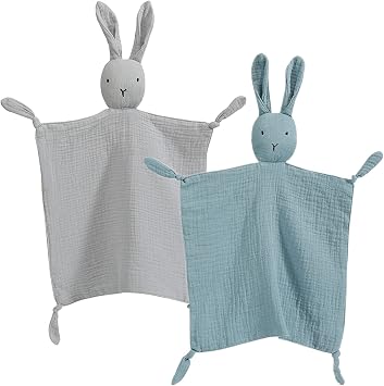 insular Bunny Lovey Blanket for Boys and Girls, Organic Cotton Muslin Security Blanket for Babies, Soft Breathable Lovie Soothing Towel for Newborn and Infant, 2 Pcs Set Blue&Grey