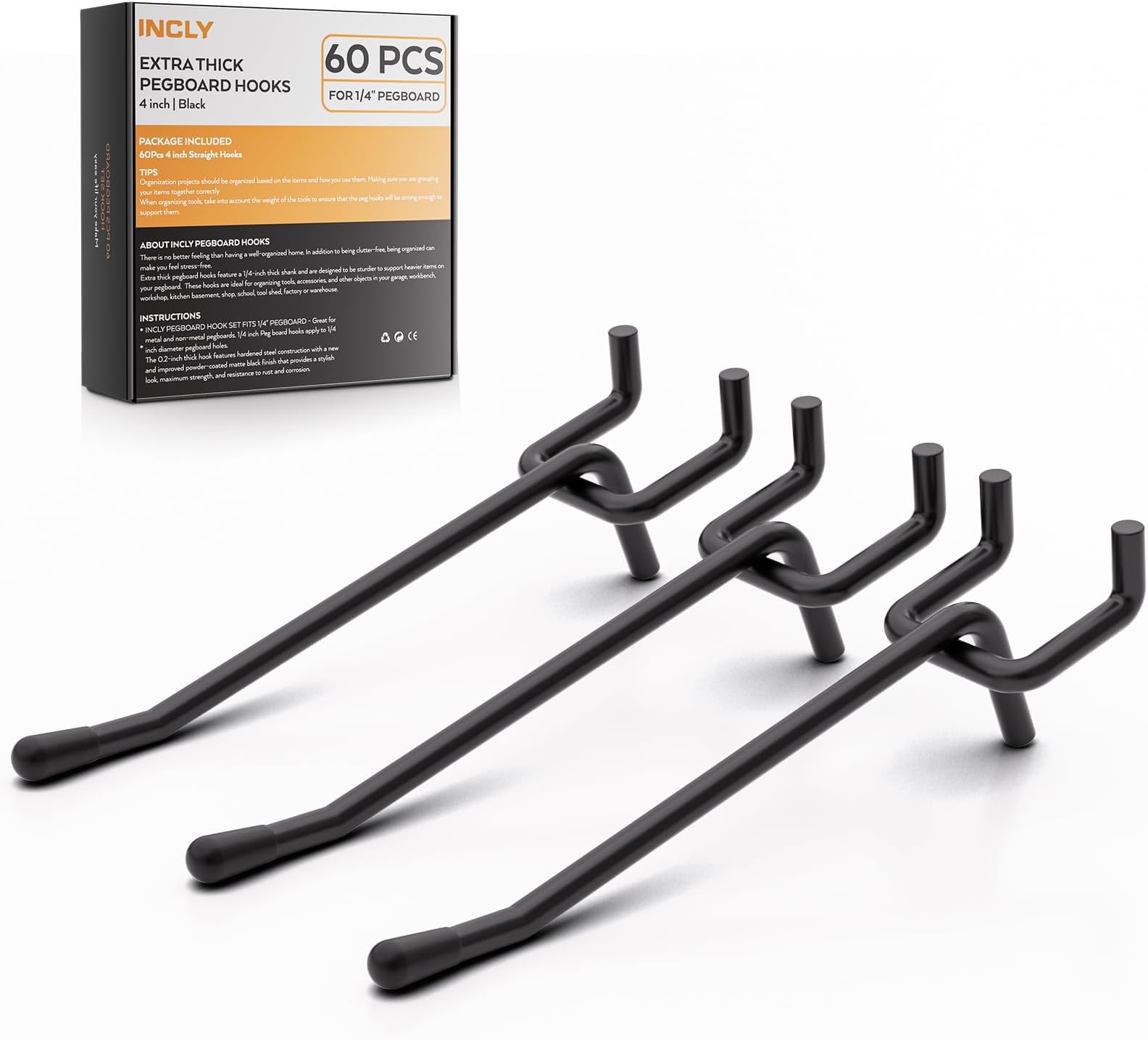 INCLY 60 Pack 4 Inch Black Pegboard Hooks, Heavy Duty Peg Board Shelving Hooks Accessories, Peg Board Tool Hangers Only Fit for 1/4" Pegboard Hanging Tools Garage, Craft Organizing, Kitchen, Store
