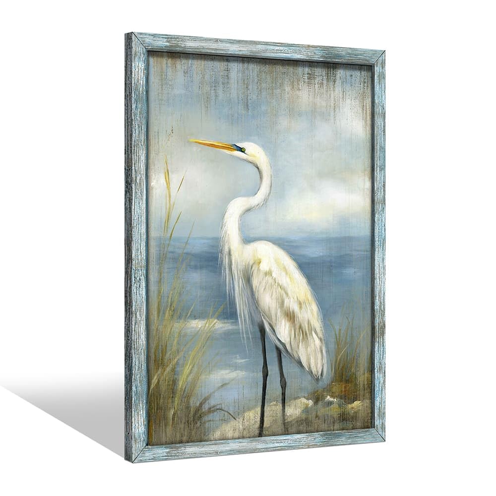 Coastal Heron Wooden Wall Art: Ocean Bird Framed Artwork Blue Sea Seascape Painting Beach Seashore Picture Egret Prints for Bathroom Bedroom Home