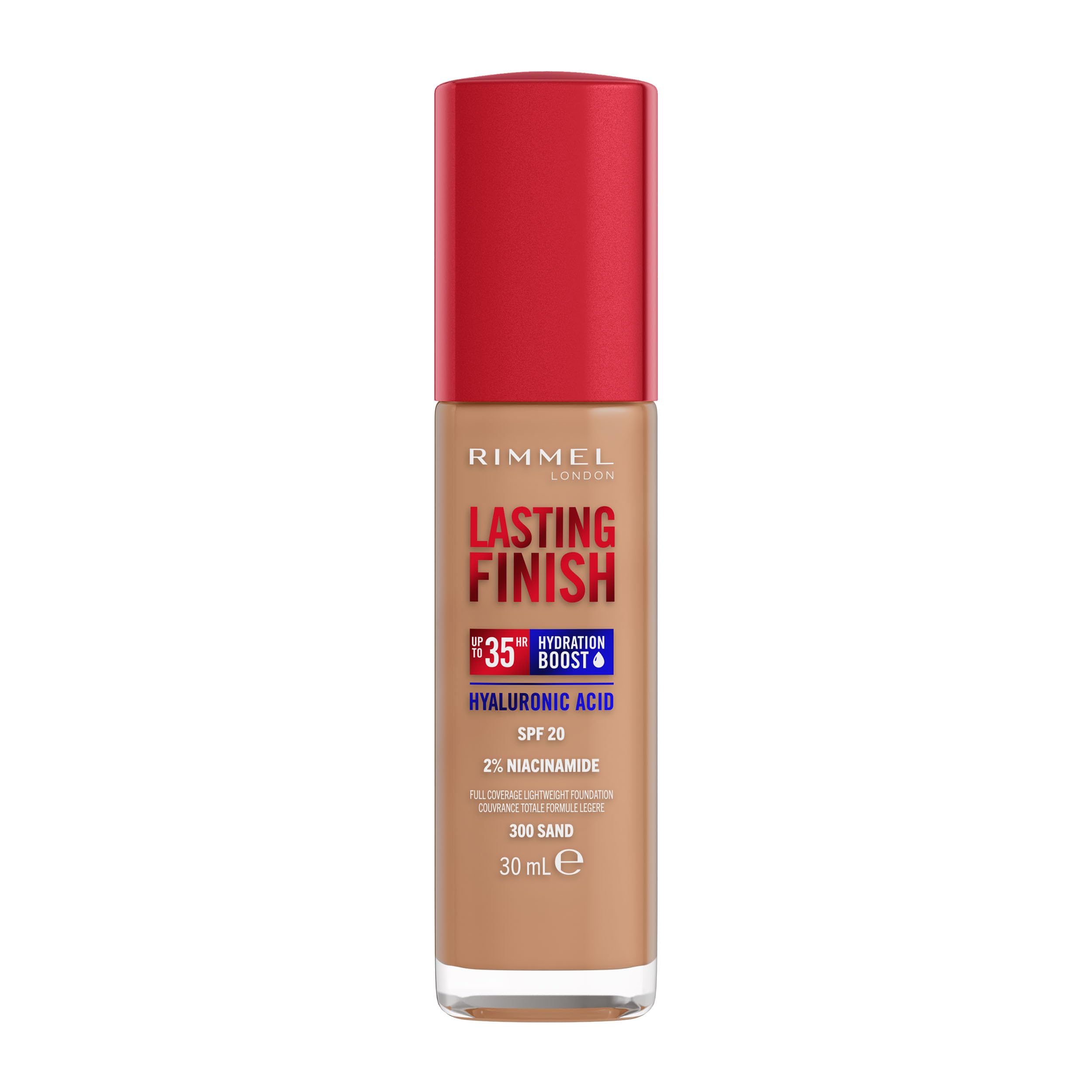 Rimmel Lasting Finish 35Hr Foundation 300 Sand, Full Coverage, Hydrating, SPF20, Hyaluronic Acid, Vitamin E, 2% Niacinamide, All Day Wear, Vegan, Cruelty Free
