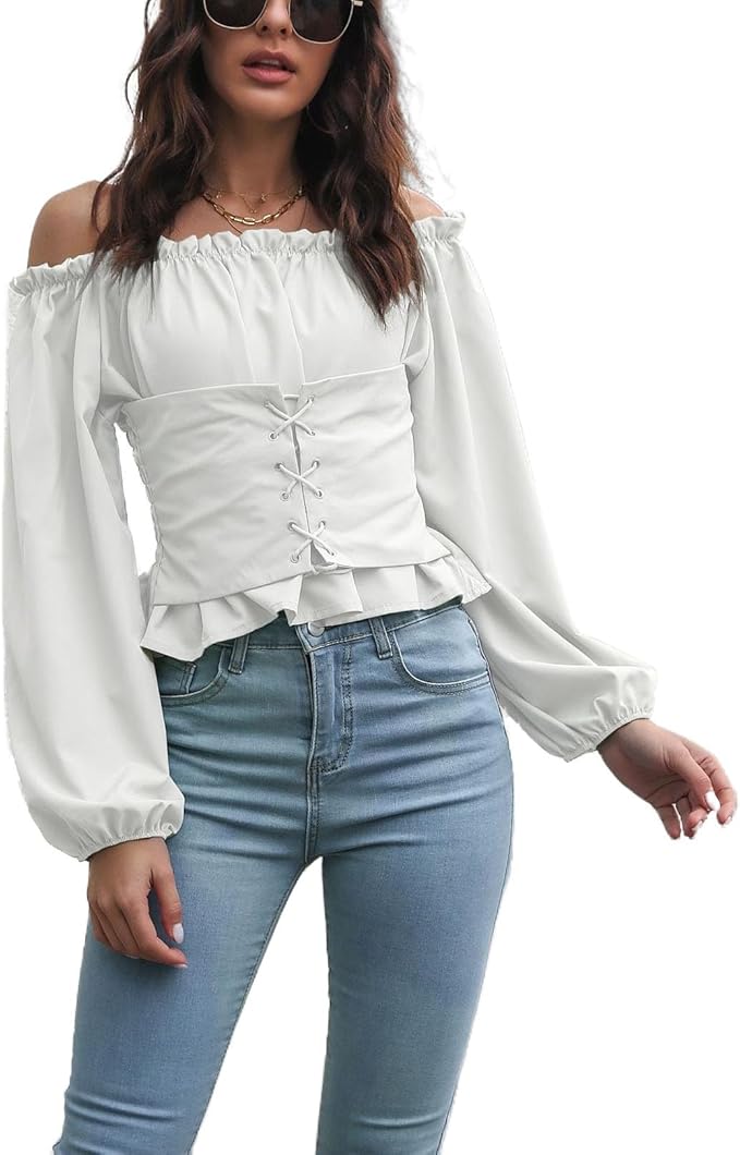 シャツ/ブラウス(長袖/七分) roughlow    shoulder ribbon blouse(SAX) Women's Sexy Ruffles Off The Shoulder Chiffon Shirt Tops
