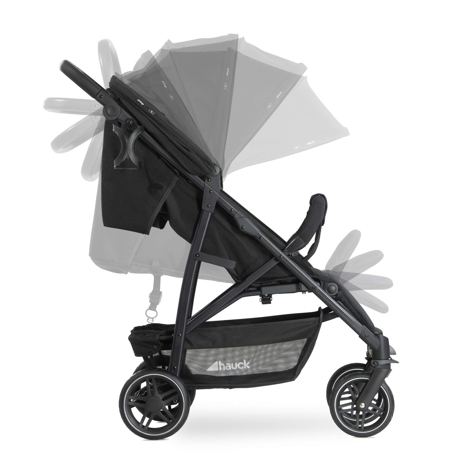 hauck Rapid 4R Plus, Nero - Passeggino Cittadino dalla Nascita fino a 22 kg, Pieghevole con una Mano, Ruote di Gomma Ammortizzate, Maniglione Regolabile, Cappotta UPF 50+, Portabibite Incluso