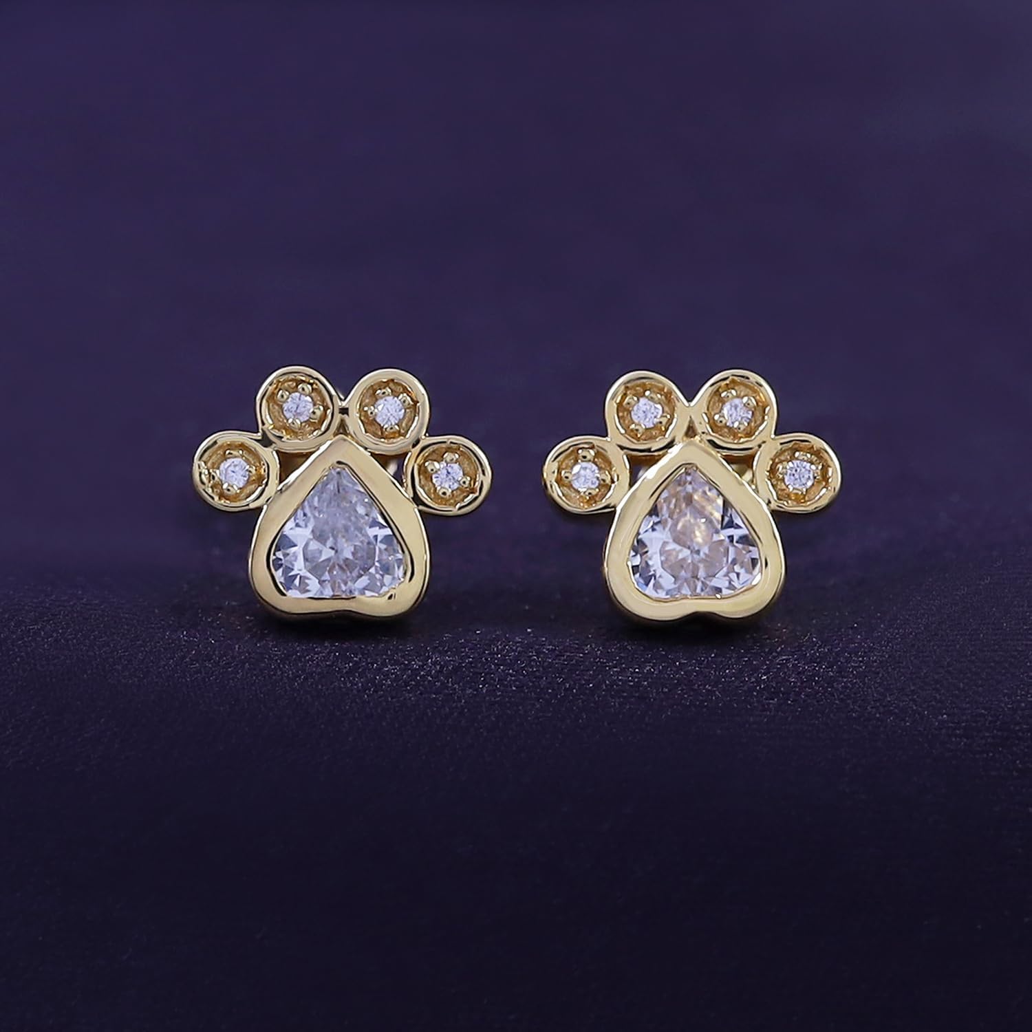 Paw Print Earrings for Women, 14K Gold Over Sterling Silver with Heart Cut Simulated Birthstone & Round White Cubic Zirconia, Push Back Studs, Pet Lover Jewelry Gift