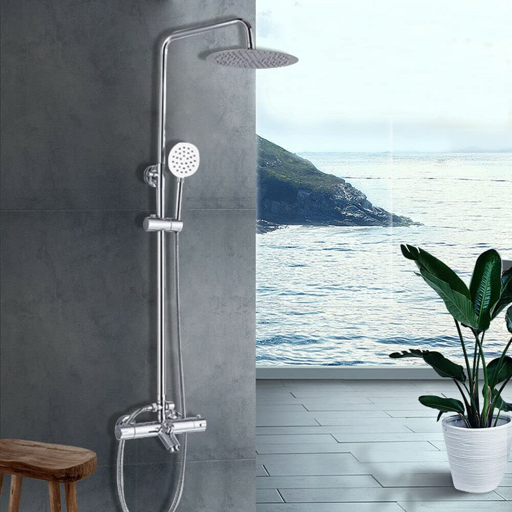 Thermostatisches Duschsystem mit 38°C Sicherheitssperre, Brausethermostat, Brausegarnitur, Kopf- und Handbrause, Duschsäule, Höhenverstellbare Edelstahl-Brausegarnitur, Regenbrause für Badewannen