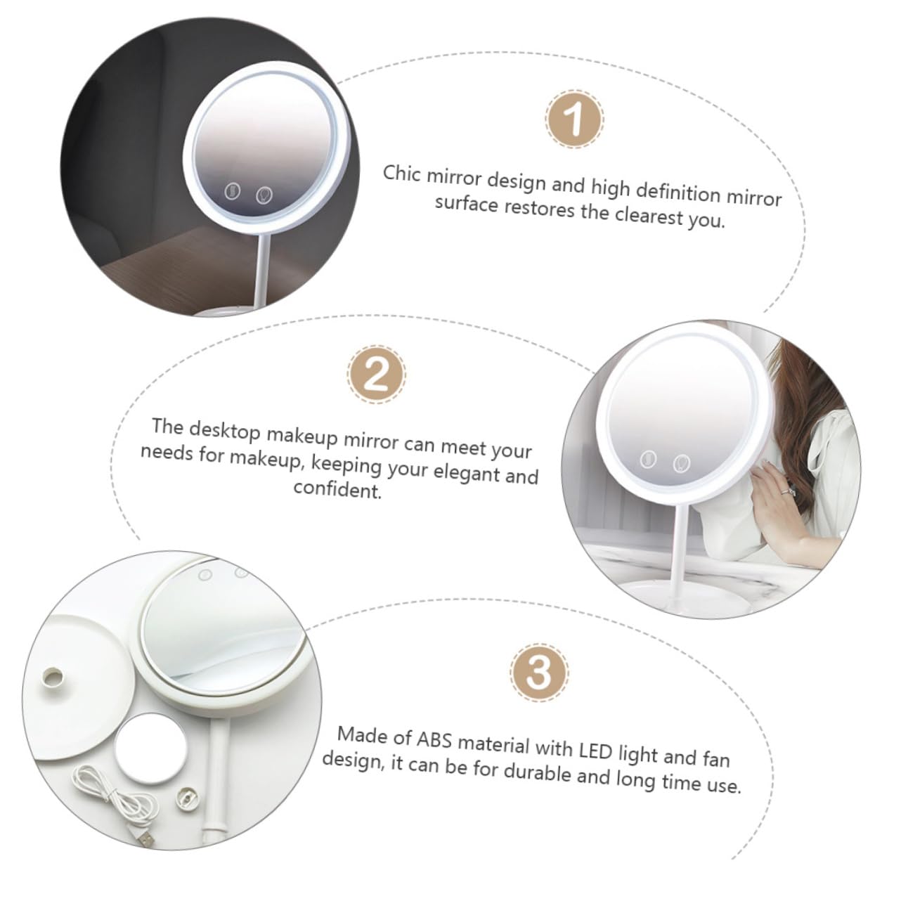 Specchio Trucco da Tavolo LED Rotante 180° con Base Stabile | Abs Bianco, Design con Ventilatore Integrato, Festa Estiva, Uso in Camera da Letto e Soggiorno