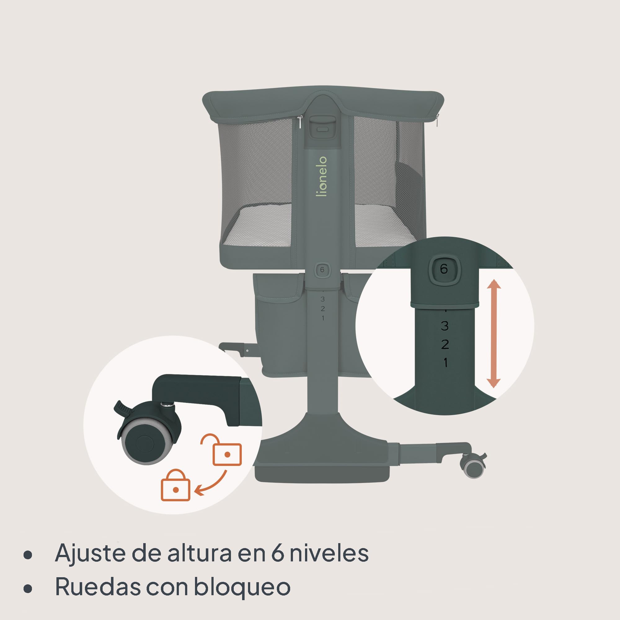 lionelo Jodie Cuna 3 en 1 hasta 9 kg, Cuna de colecho, Cama Mecedora, Ajuste de Altura e inclinación del colchón, 4 Ruedas con Freno, Colchón Ergonómico, Malla Transpirable, Bolsa, Mosquitera