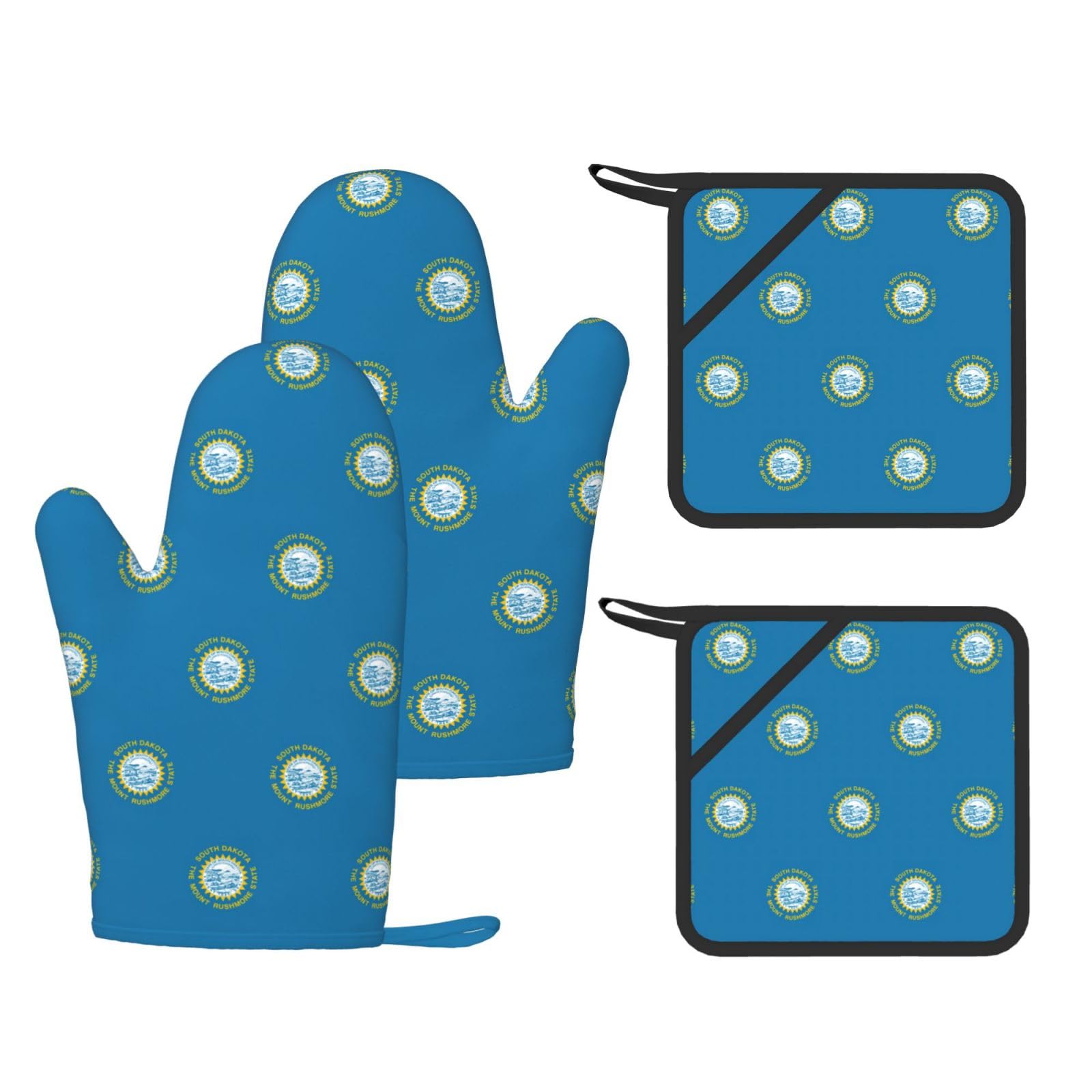 South Dakota Flag Printed Kitchen Oven Gloves and Potholder 4 Pcs, Non-Slip Heat Resistant Mitts for Baking Chef