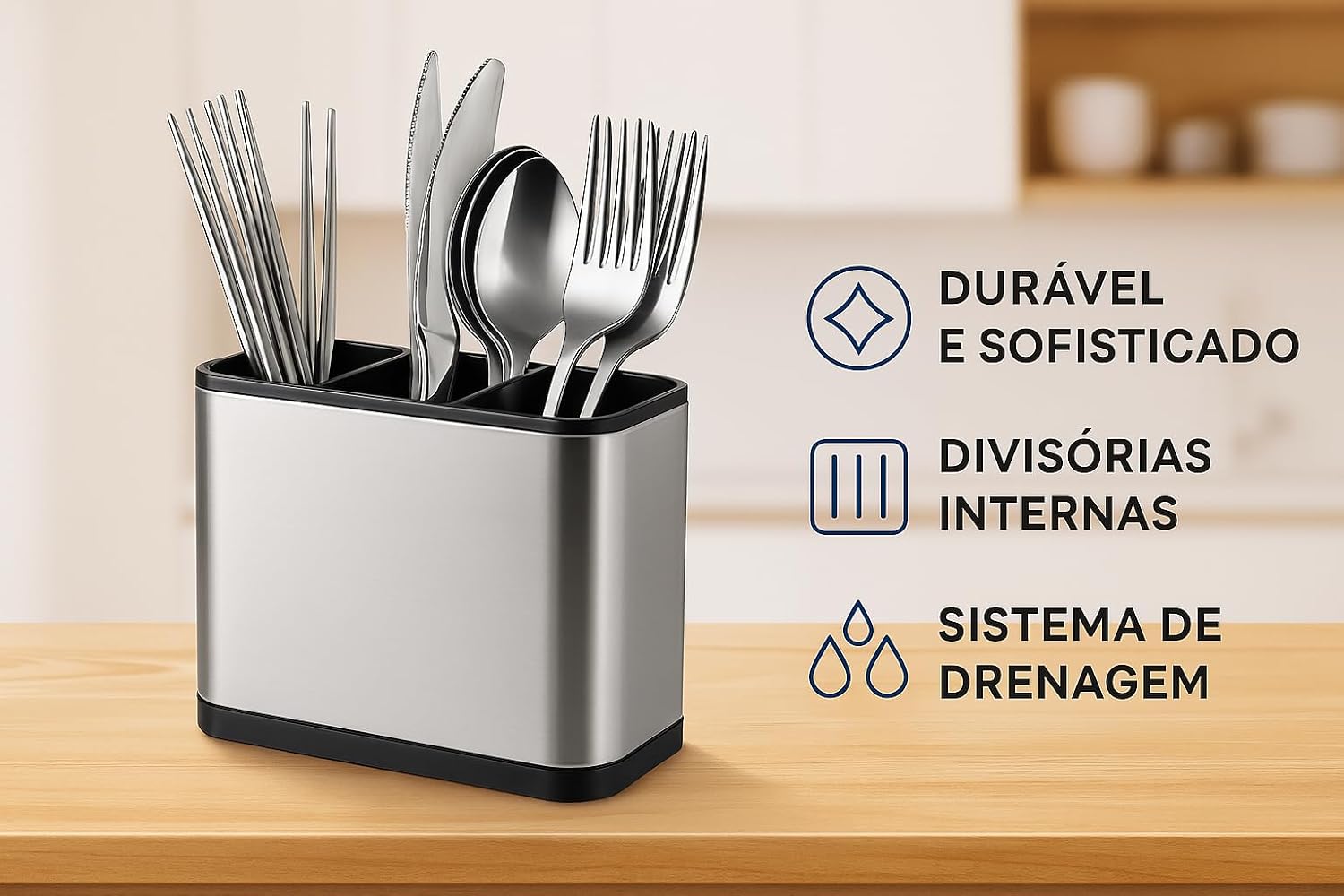 Escorredor Porta Talheres de Inox com 4 Divisórias Organizador de Utensílios Compacto Com Drenagem De Água Aço Inoxidável Premium Escorredor Porta Talheres de Inox com 4 Divisórias Organizador de Utensílios Compacto Com Drenagem De Água Aço Inoxidável Premium