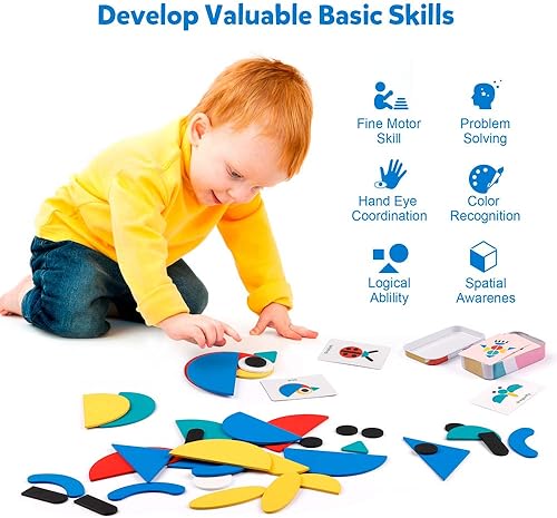 Miniatura 4 de Coogam - Juego de rompecabezas de madera con forma de Tangram, juego de apilamiento de clasificación de colores, rompecabezas de animales de madera,