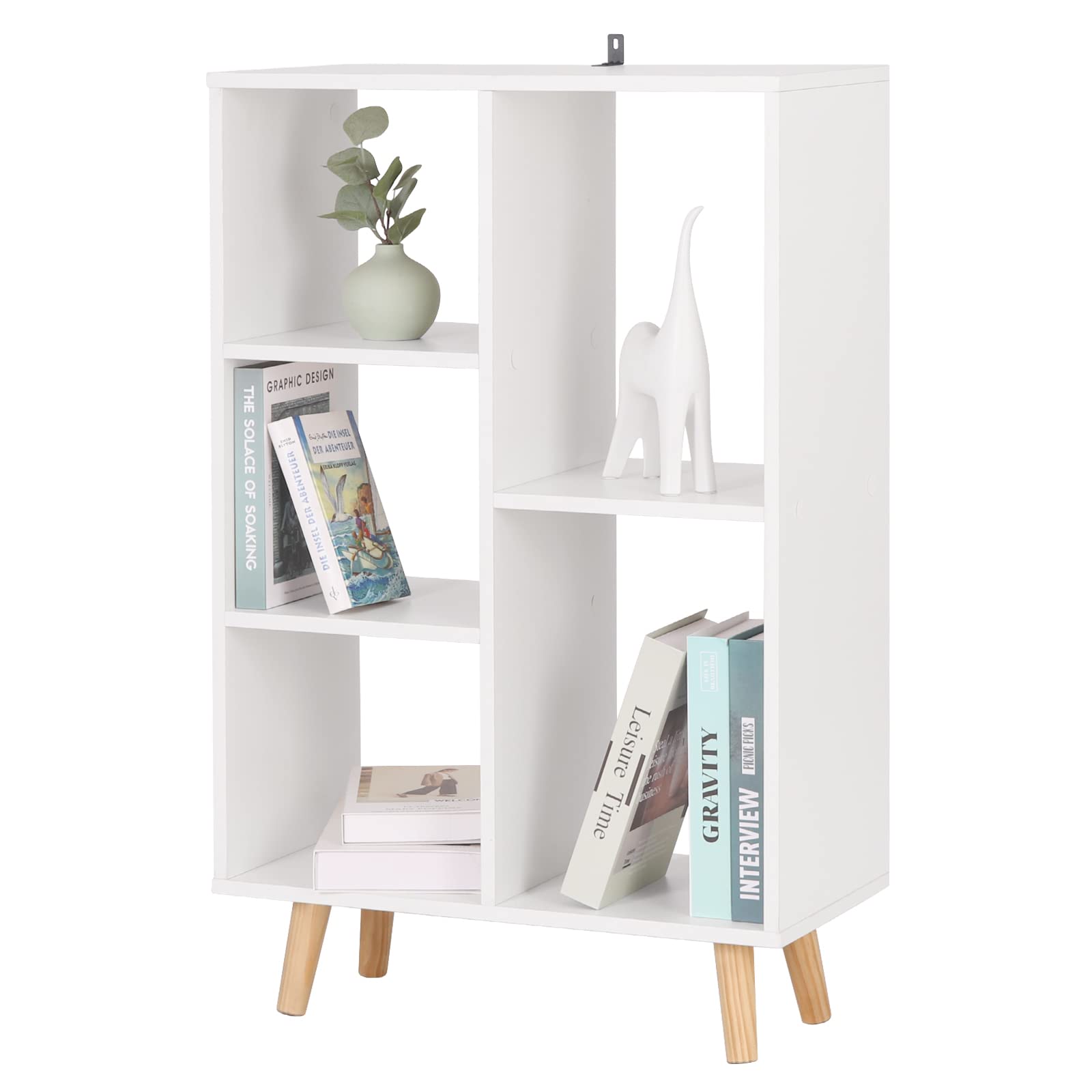 WOLTU Estanteria para Libros de 5 Compartimentos Abiertos, Libreria para Oficina de Casa con Patas de Madera, Mueble Blanco de Almacenamiento para Libros, 60x30x95cm, SK011ws