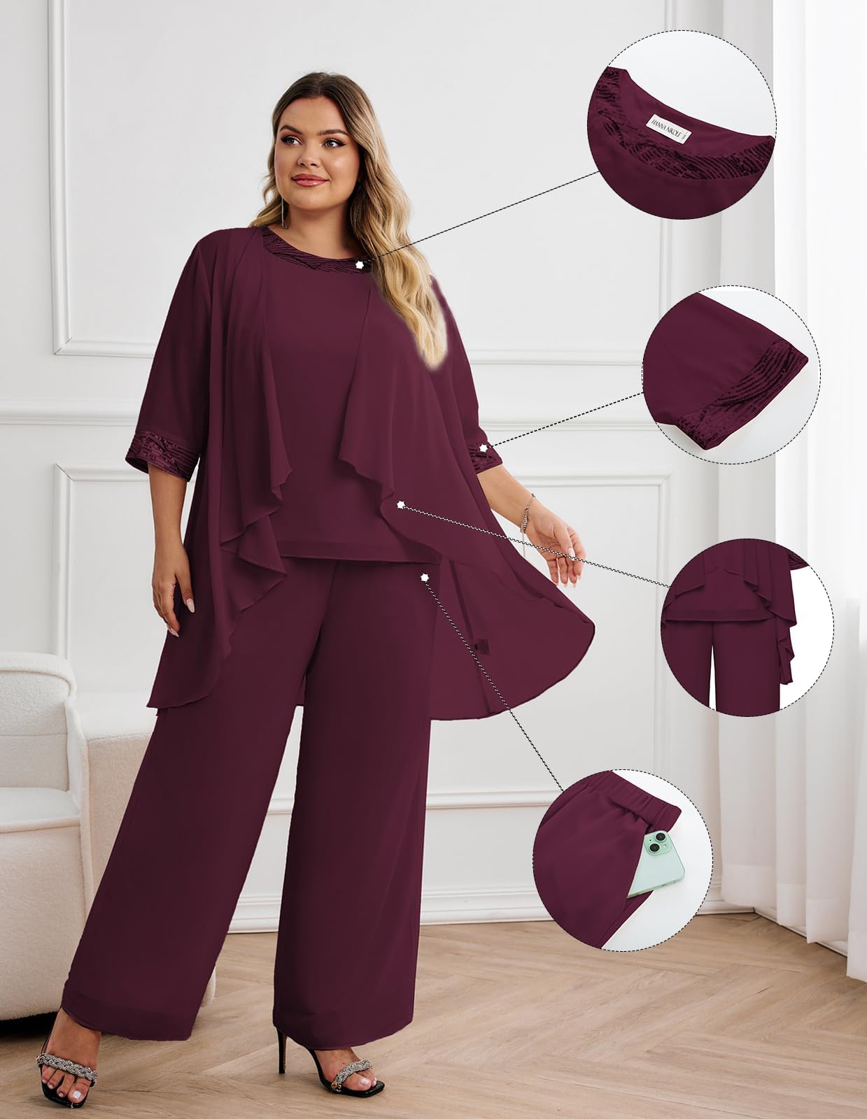 Hanna Nikole Conjunto de 3 piezas de chifón para madre de la novia, vestidos formales para invitados de boda, con chaqueta