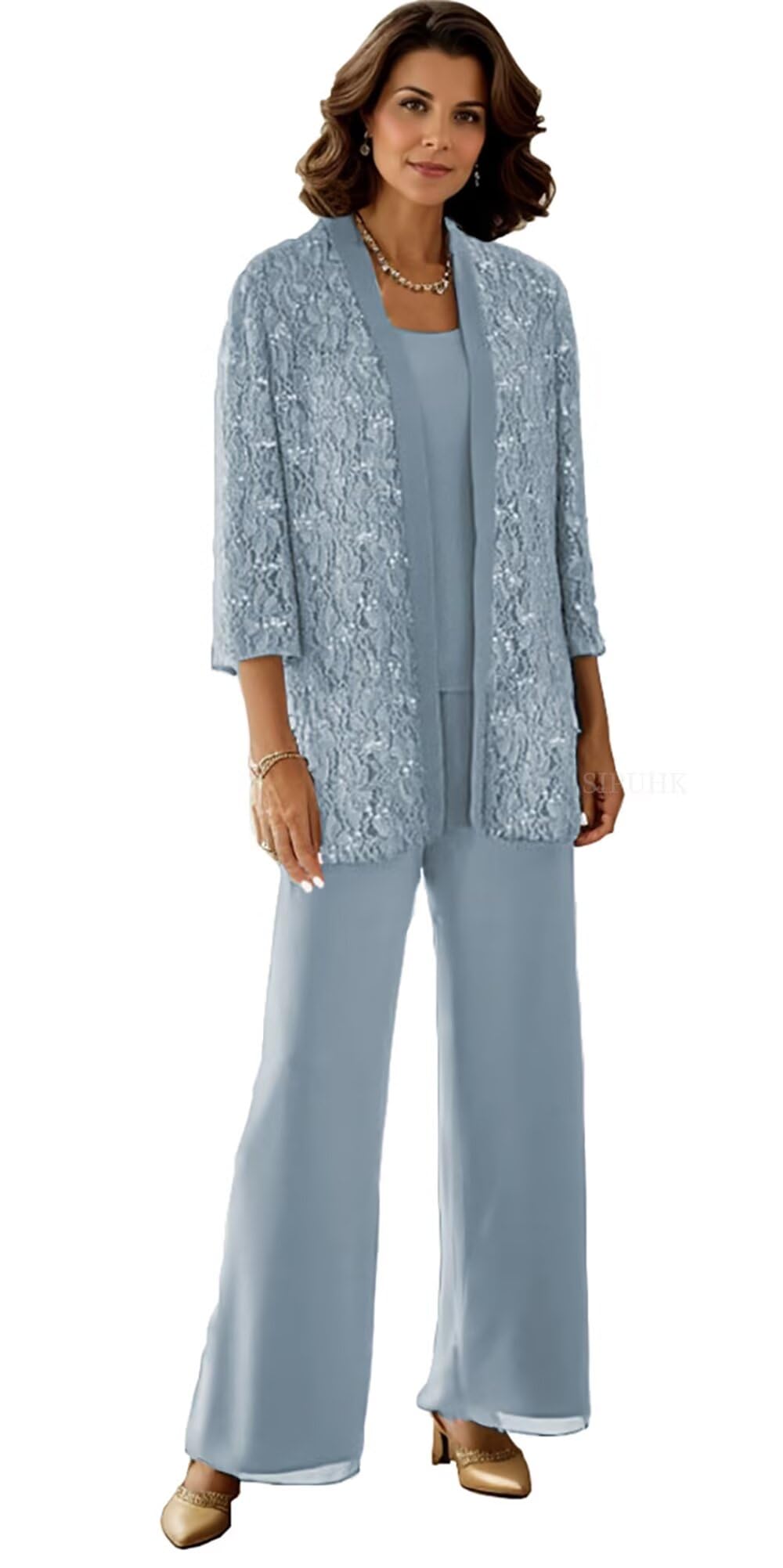 3 Pieces Mother of The Bride Pant Suits for Wedding Lace Chiffon 3 4 Sleeve Pantsuits for Women