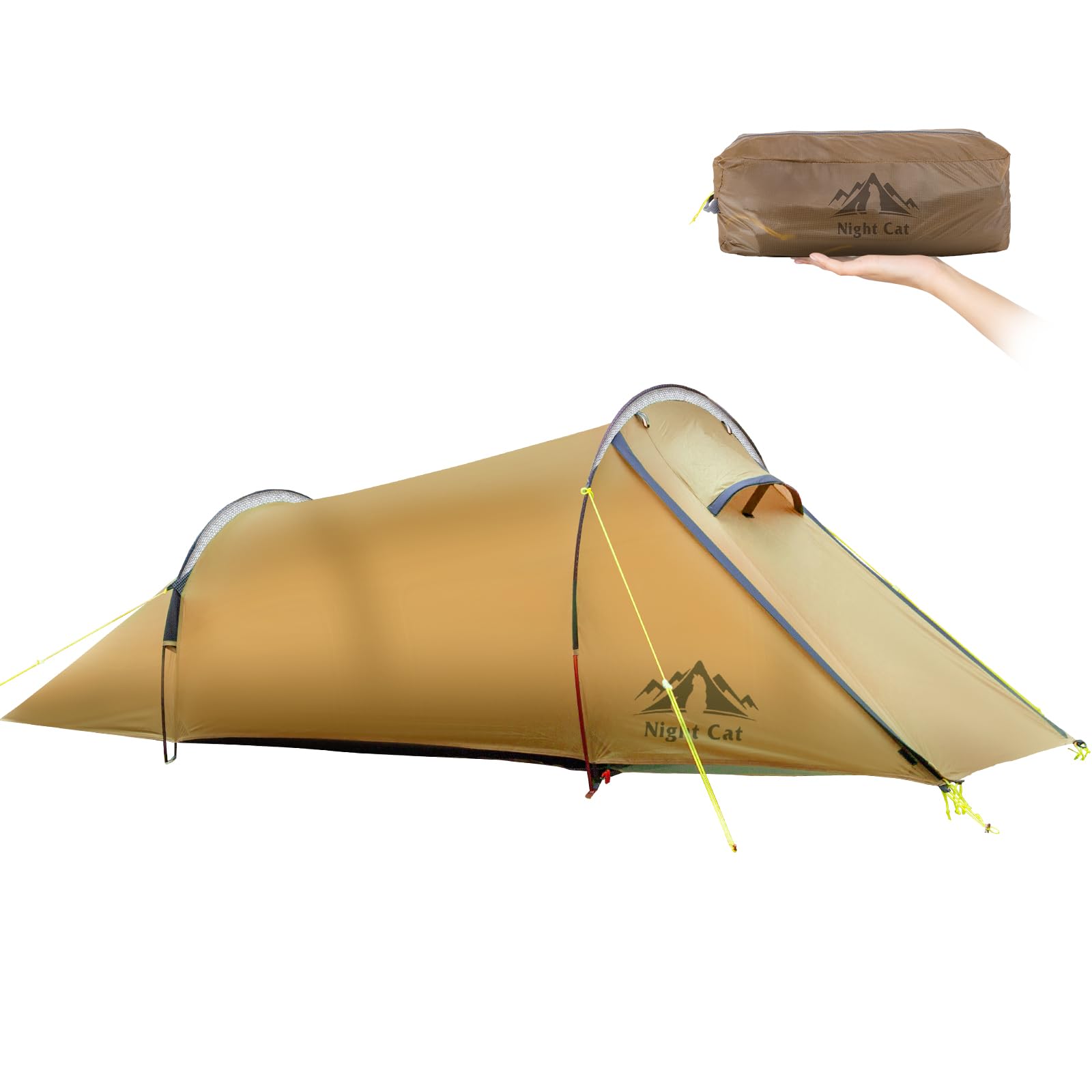 Night Cat Tunnelzelt 1 2 Personen Wasserdicht: Ultraleichtes Zelt Silnylon 15D 5000MM 1.5 KG für Fahrradtour Kleines Packmaß Trekking Camping