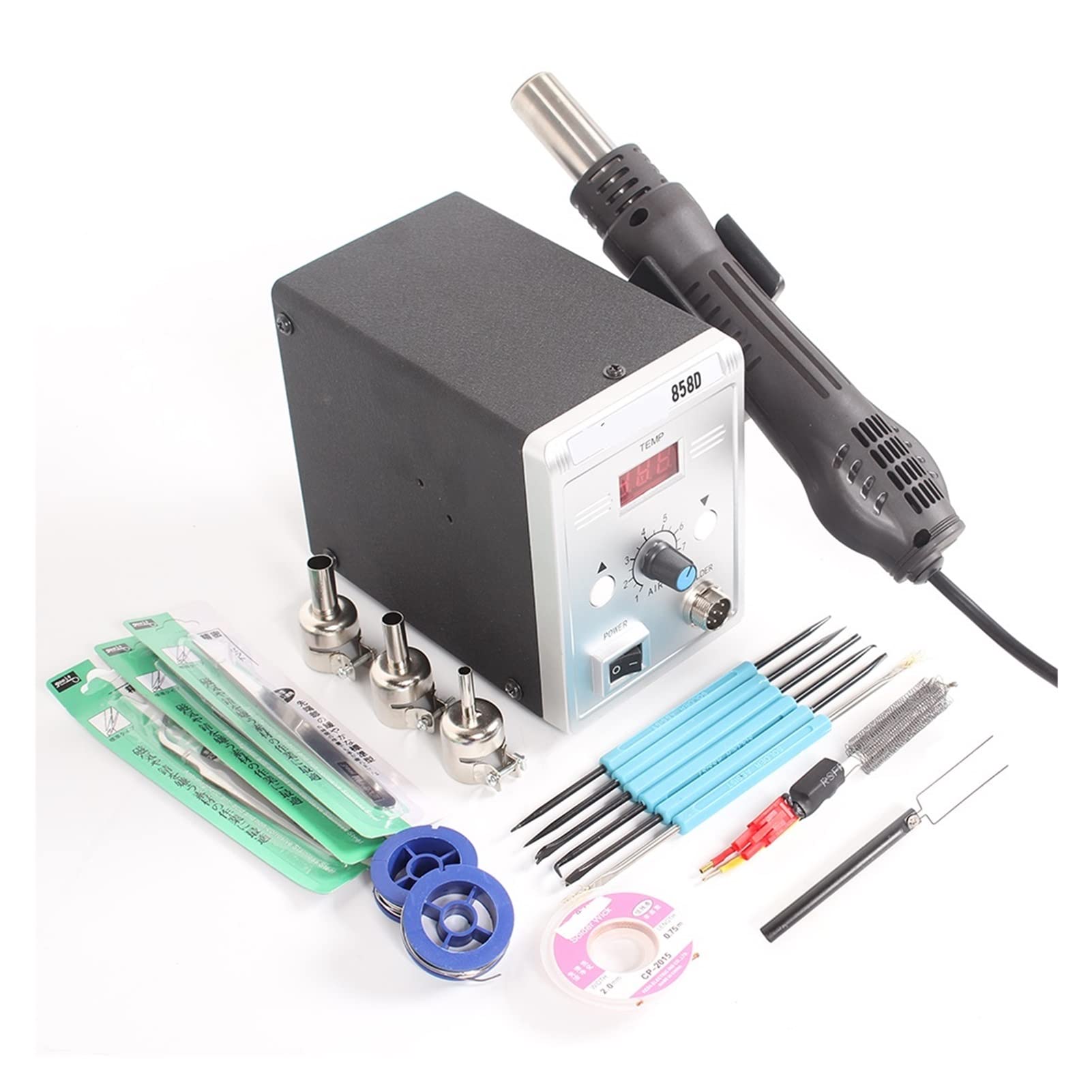 Lötstation, 858d Hot Air Gun 70 0W BGA Lötung Lötmittel entlordende Station Hitze Luftgeschirrgebläse Haartrockner Löten SMD SMT Schweißreparaturwerkzeug(SET-3)