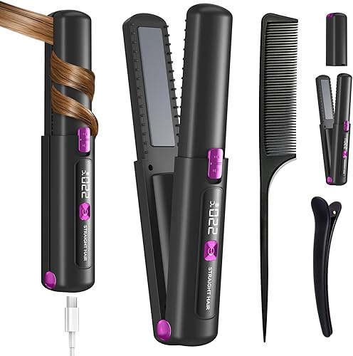 Plancha de pelo, plancha plana recargable inalámbrica (LCD), alisador de pelo inalámbrico 4500 mAh, alisador y rizador de viaje portátil 2 en 1,