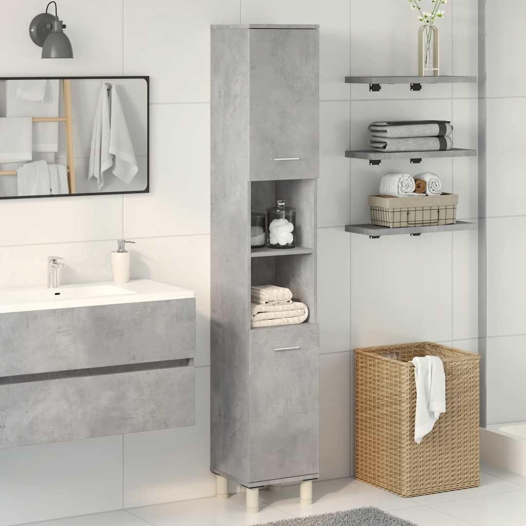 Armadietto da bagno grigio cemento, 30 x 30 x 179 cm, in legno con montaggio a parete, armadietto a specchio, salvaspazio, design robusto, moderno, per bagno