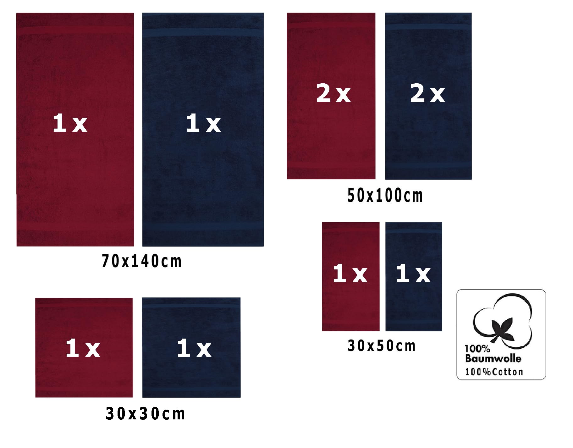 Betz Juego de 10 Toallas Classic 100% algodón 2 Toallas de baño 4 Toallas de Lavabo 2 Toallas de tocador 2 Toallas faciales Rojo Oscuro y Azul Marino