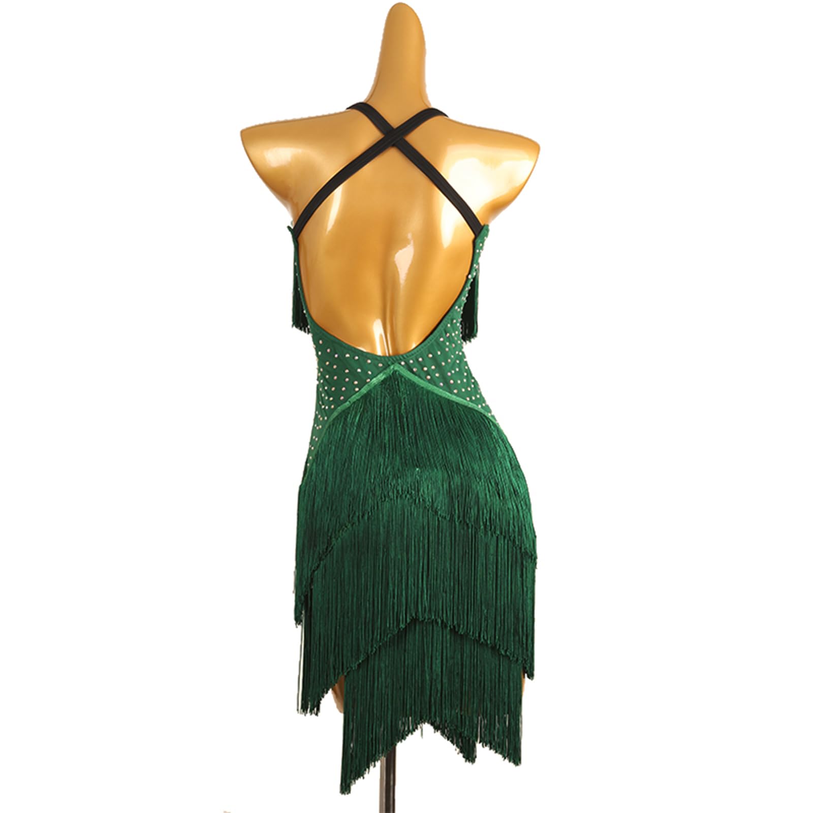 Damen Latin Rock Ballsaal Tanzkleid Wettbewerb Kleidung V-Ausschnitt Quasten Strass Ärmellos Tanzrock Rumba Samba Cha Cha Tanzkleidung