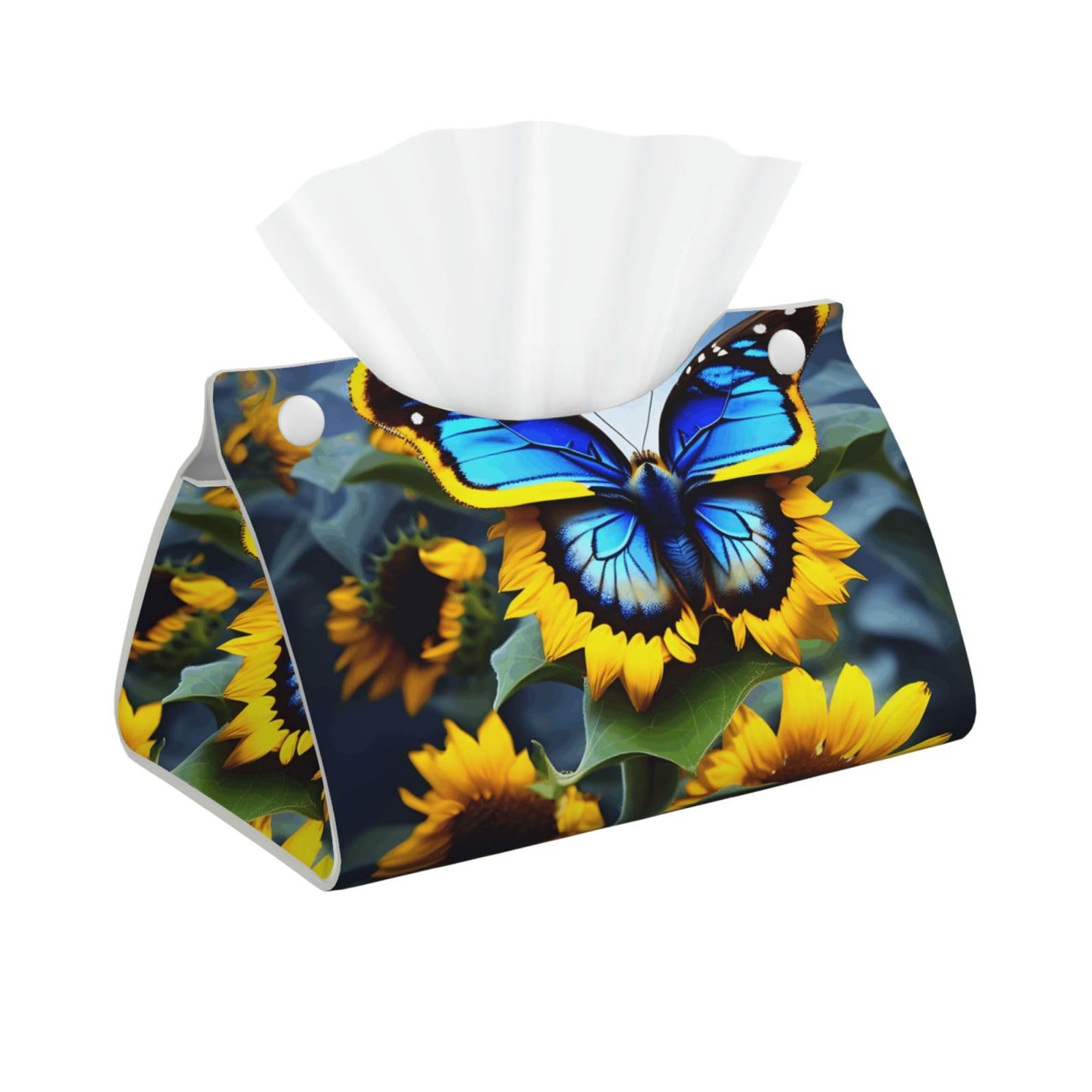 Sunflower Blue Butterfly Long Leather Tissue Box Cover-Waterproof PU Leather Tissue Holder for Bathroom, Decorative Rectangular Tissue Case