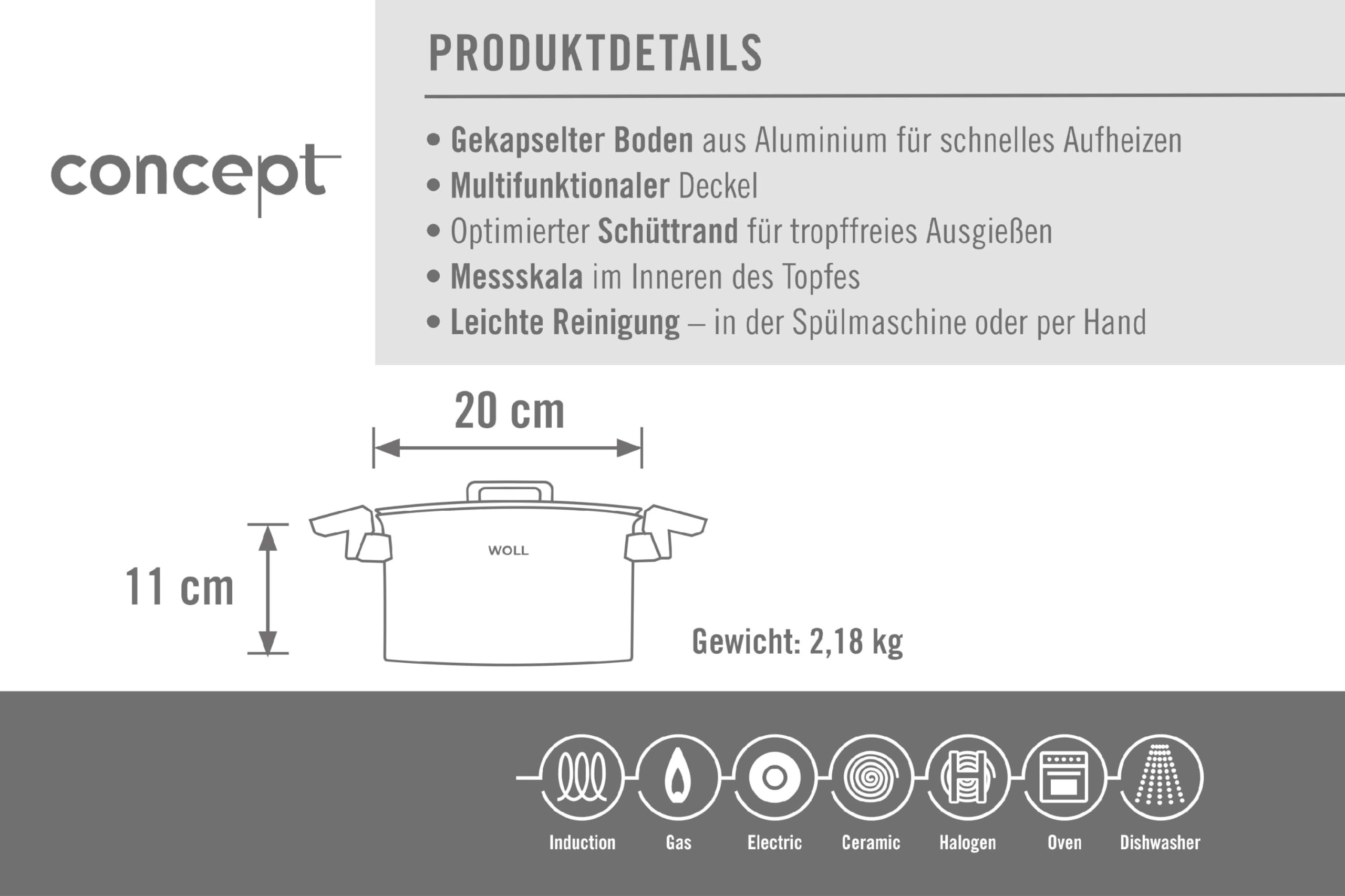 Woll Concept - Olla con Tapa (inductiva, diámetro de 20 cm, 11 cm de Alto, 3,4 L, Apta para Todo Tipo de Fuegos, Acero Inoxidable, Apta para Horno hasta 200°, Plateado)