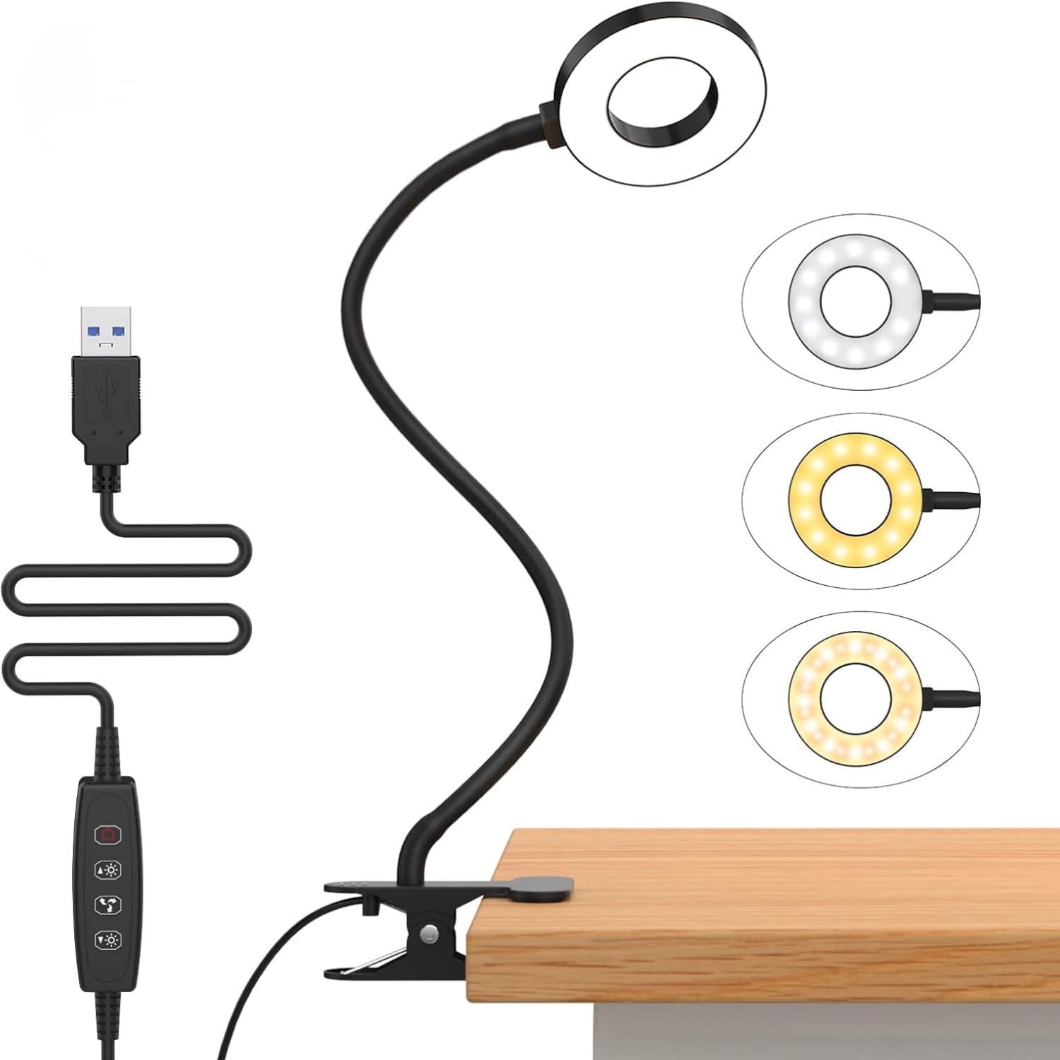 GONDSILY LED Clip-On Study Lamp for Study Room with 3 Light Modes & 10 Brightness Levels | Flexible Gooseneck Desk Light | Eye Protection USB Study Lamp for Students, Table & Bed