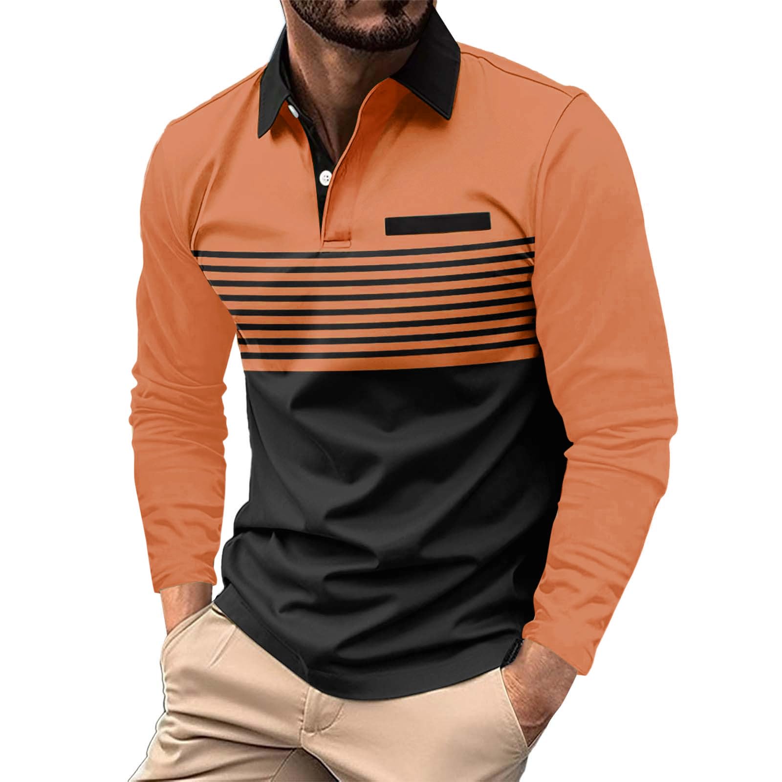 GenericMen's 1/4 Button Down Lapel Polo Shirt Long Sleeve Gradient Fit Slim Shirts Solid Color Pocket Casual Fashion Tops