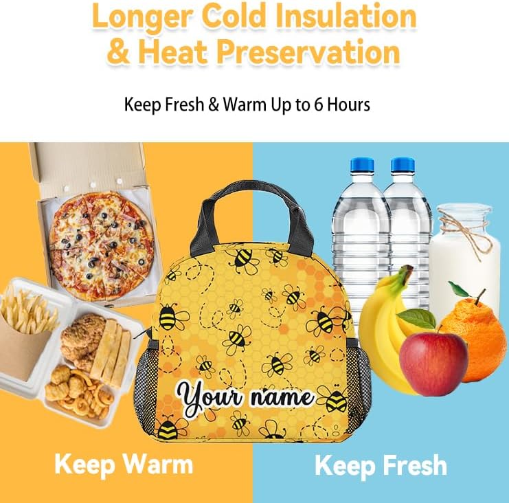 Miniatura 6 de CUSPCOD Bolsas de almuerzo personalizadas con abeja, bolsa de almuerzo Bento reutilizable con correa para el hombro y bolsillos, pequeña lonchera