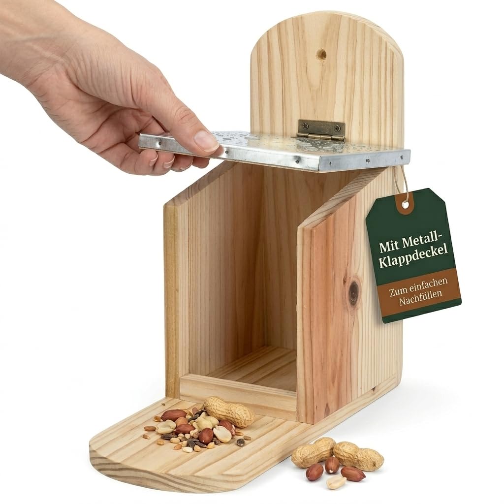 MIJOMA Mangiatoia per scoiattolo in legno di abete – Resistente alle intemperie con coperchio ribaltabile in metallo – Ciotola in legno – Dimensioni circa 12 x 25 x 28 cm – Casa per scoiattoli per
