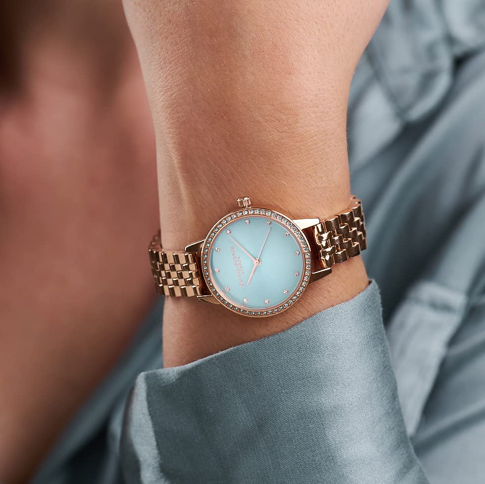 Image of Olivia Burton Classics Qtz Basic Mint Sparkle Sunray & Stone Round Dial Women's Analog Watch|Ionic Plated Rose Gold Steel Material|Gold Color Band - OB16MD104
