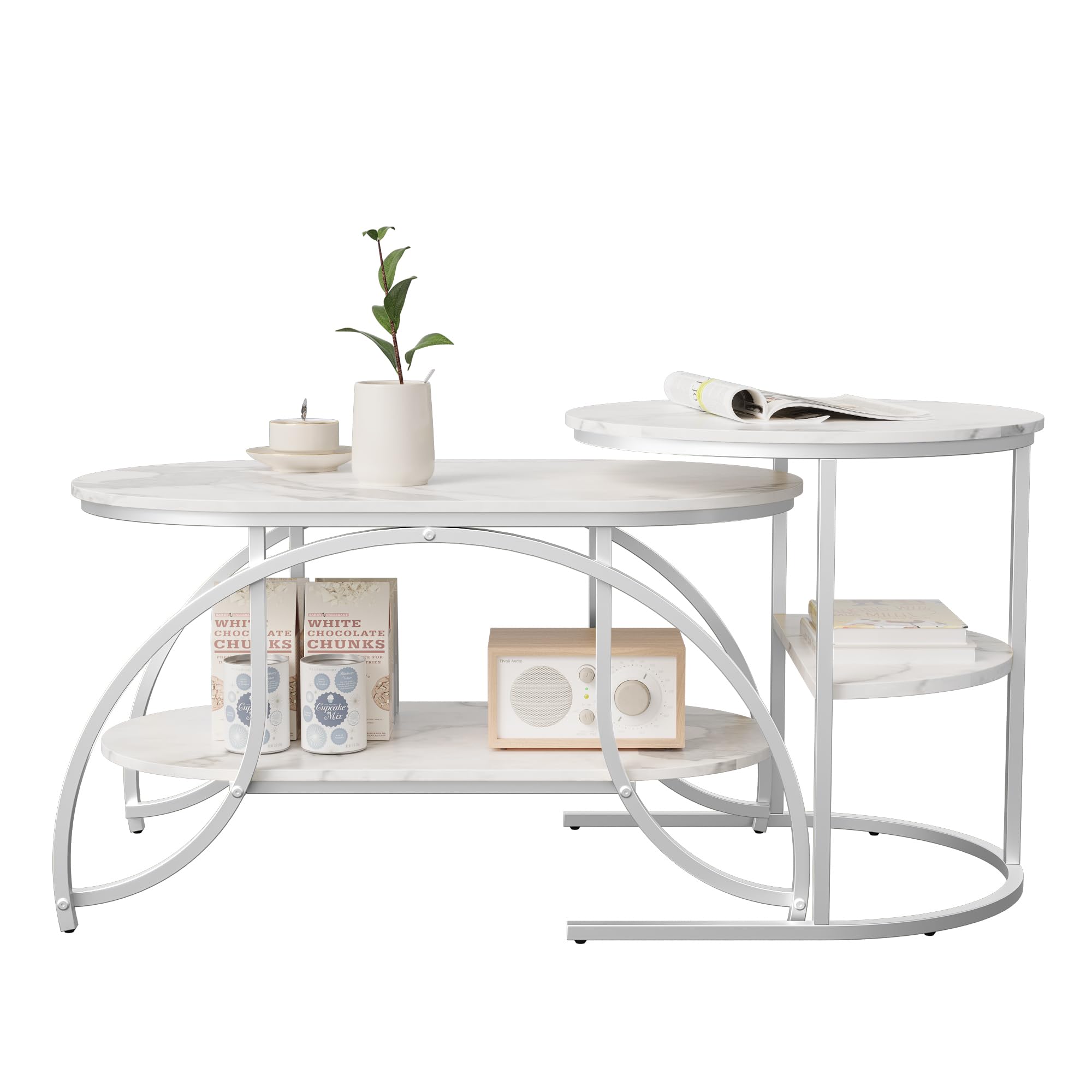 Lot de 2 Tables Basses, Table Gigogne Design Marbre, avec Espace de Rangement, Cadre en Métal, pour Canapé, Salon, Chambre (Argent + Blanc, 80x46x45 cm)