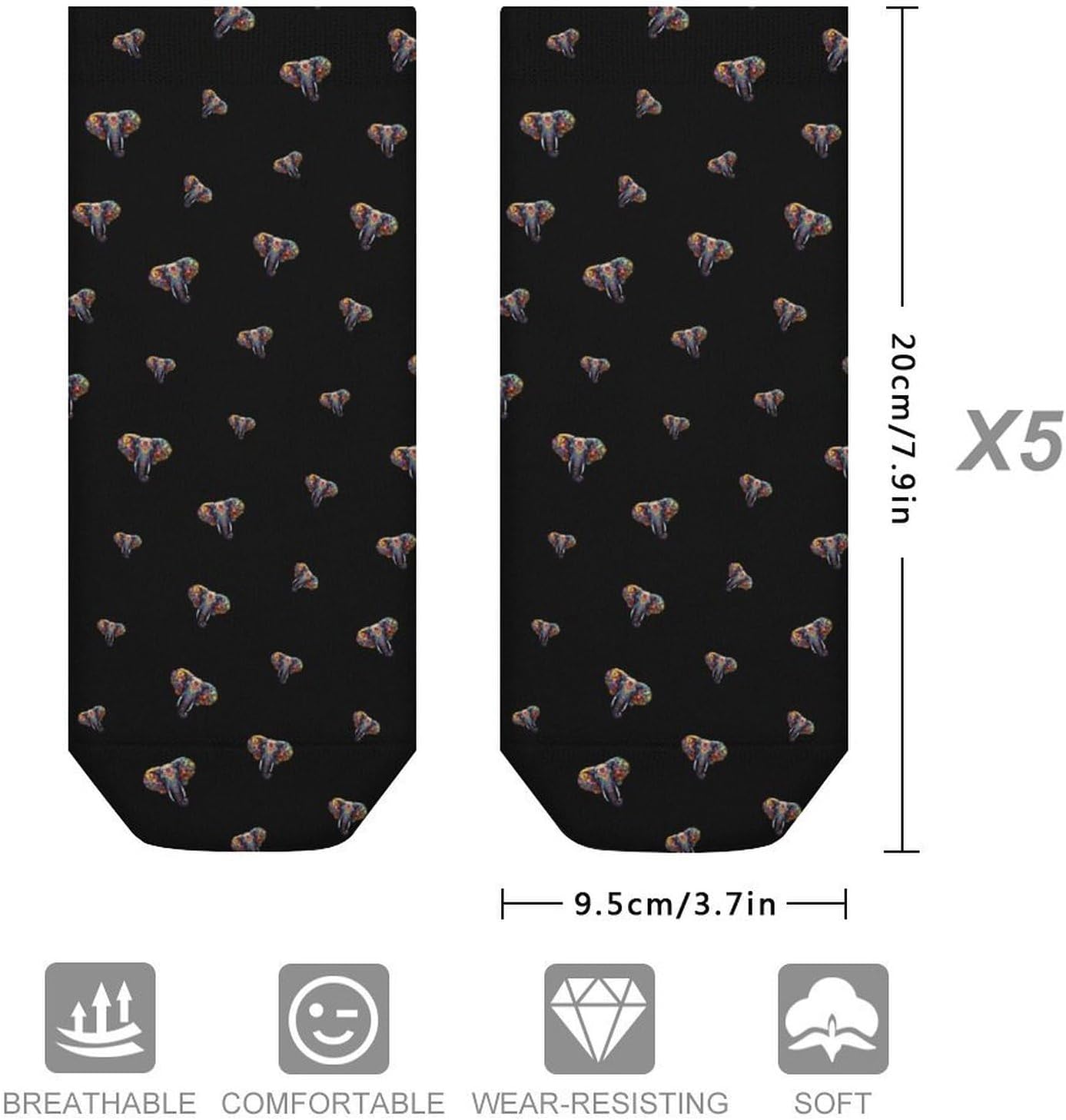Colorful Elephant 5 Pairs Low Cut Ankle Socks Casual Liner Sock No Show Invisible Socks for Men Women
