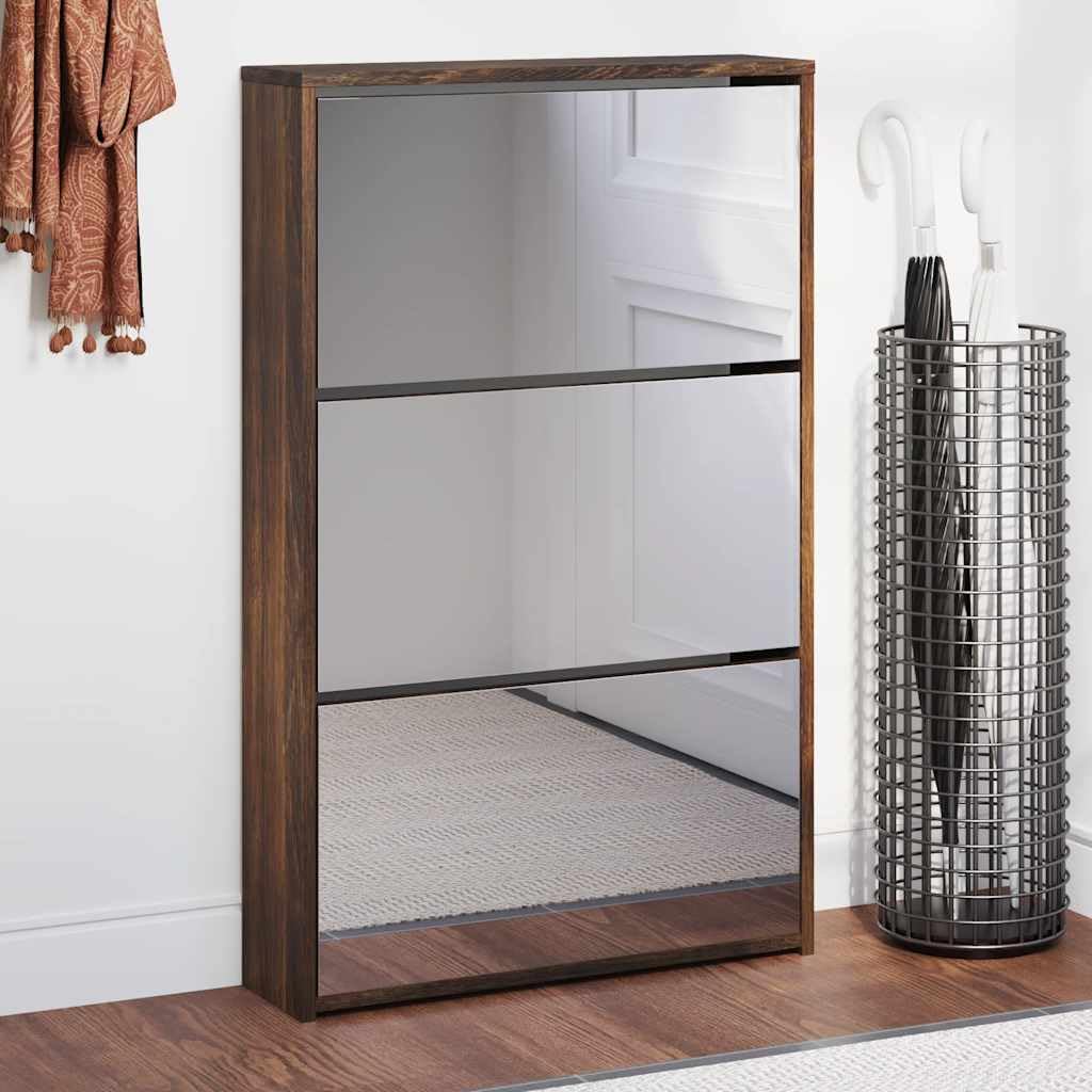 Armoire à chaussures avec miroir - Chêne fumé - 63 x 17 x 102,5 cm - 3 compartiments - Meuble à chaussures pour couloir - Système de rangement peu encombrant