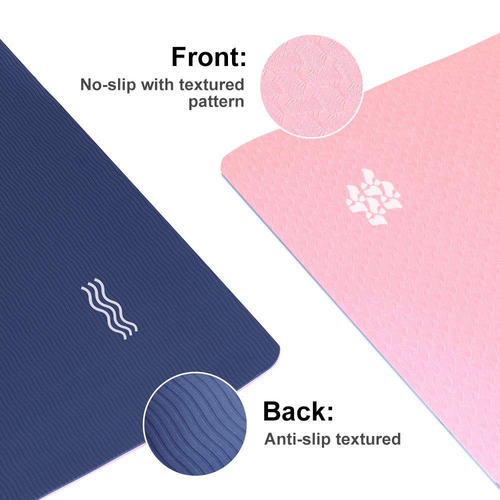 Esterilla Yoga, Alfombrilla de Yoga Texturizada Antideslizante 3*Banda de Resistencia,1* Correa de Transporte para Ejercicios para Yoga, Pilates y Ejercicios de Piso 183x61x0.6 cm (Rosa-Azul)
