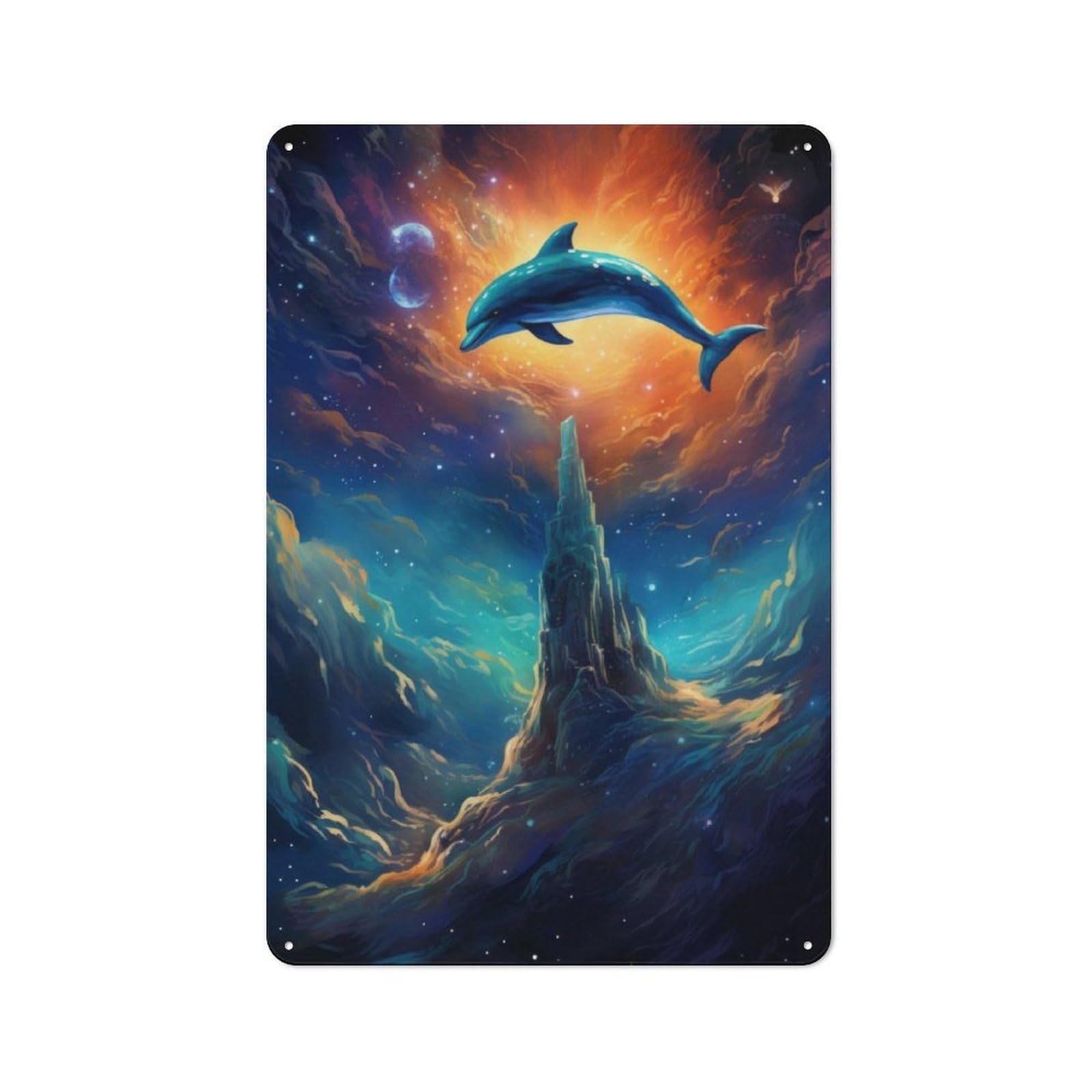 Junmoney Cosmic Dolphin Tin Sign 30X20cm With For Pub Or Café, Retro-Style Decor, Suited To Café Interior Fans