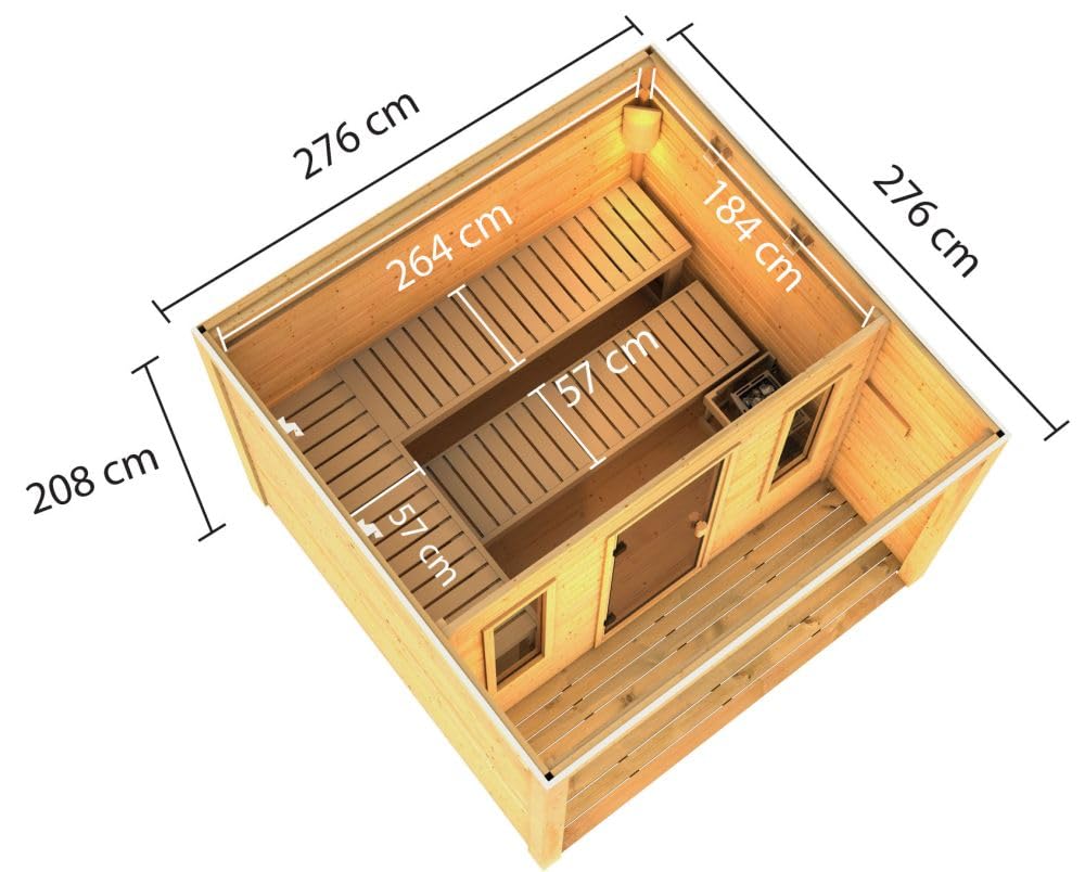 Karibu Saunahaus Aino Außensauna mit 3 Liegen 38 mm Wandstärke Fichtenholz Glastür optional mit Saunaofen (9kW Bio-Kombiofen)