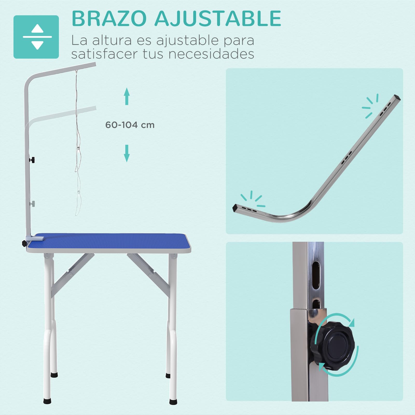 PawHut Mesa de Peluquería Canina Plegable, Mesa de Aseo con Encimera Antideslizante, Brazo de Acero Inoxidable Ajustable, para Perros, Gatos, 81x48,5x80 cm, Azul
