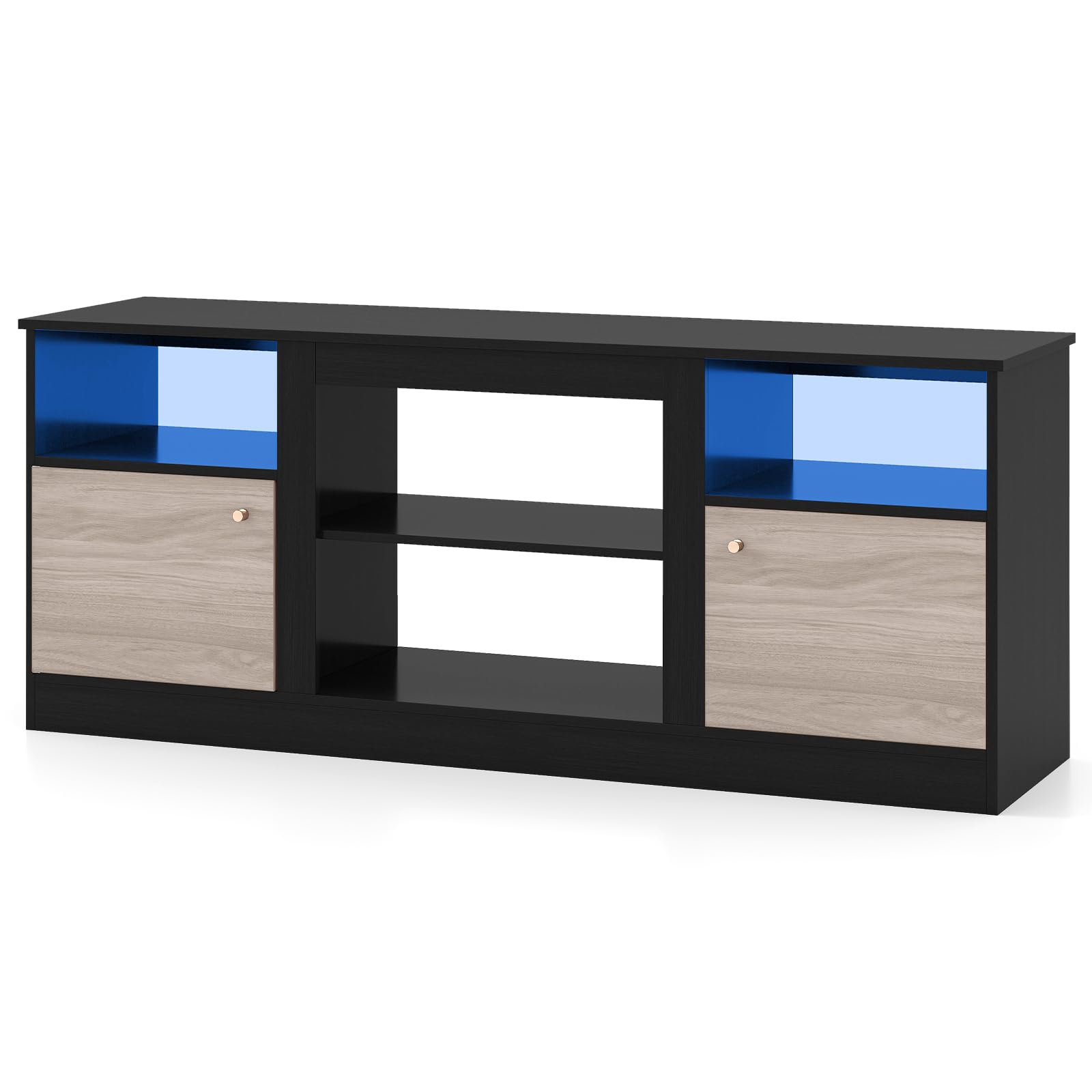 COSTWAY TV-Schrank mit LED-Lichtern für 65" Fernseher, Fernsehschrank mit verstellbarem Regal & offenem Fach für Einbaukamin, TV Lowboard für Wohnzimmer & Schlafzimmer, Schwarz