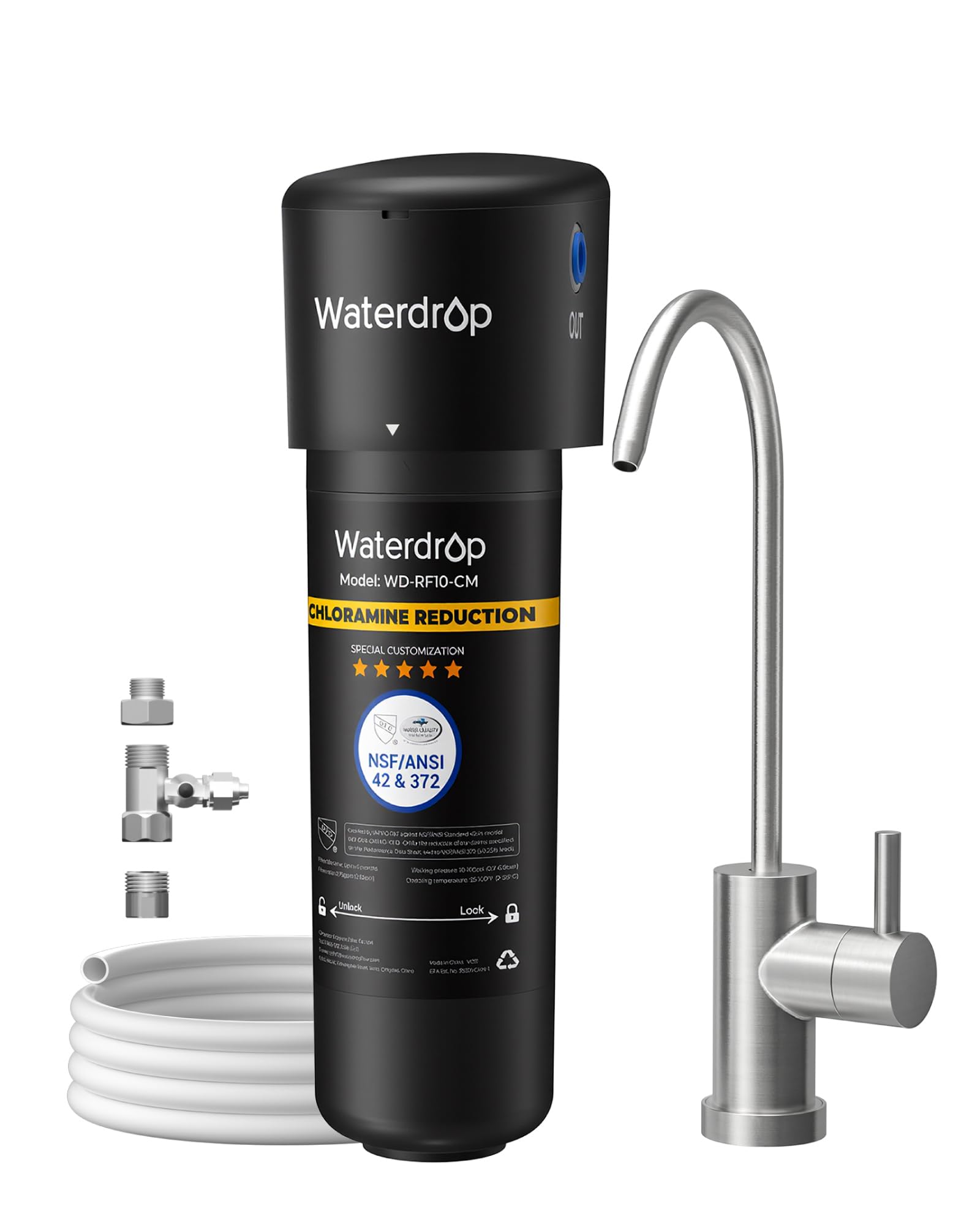Waterdrop 10UB-CM 6-Month Under Sink Water Filter to Reduce 99% Chloramine, Ideal for California, Florida and Washington, NSF/ANSI 42 Certified, Nickel Faucet